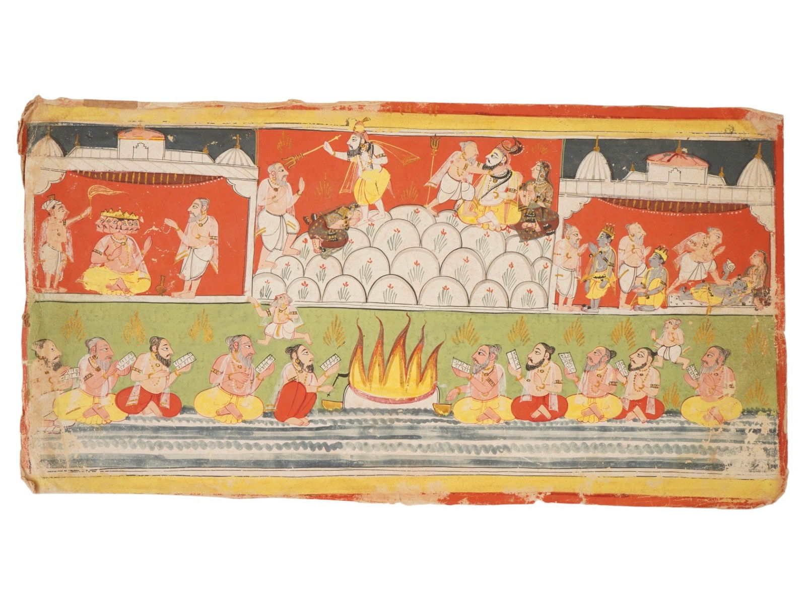 INDIAN MUGHAL MINIATURE PAINTING CIRCA 1800S TO 1900S: An antique Indian Mughal Art mixed media miniature painting on paper. The artwork depicts various genre scene, one scene with Krishna. The artwork is inscribed with Calligraphy, on the backside. Colle