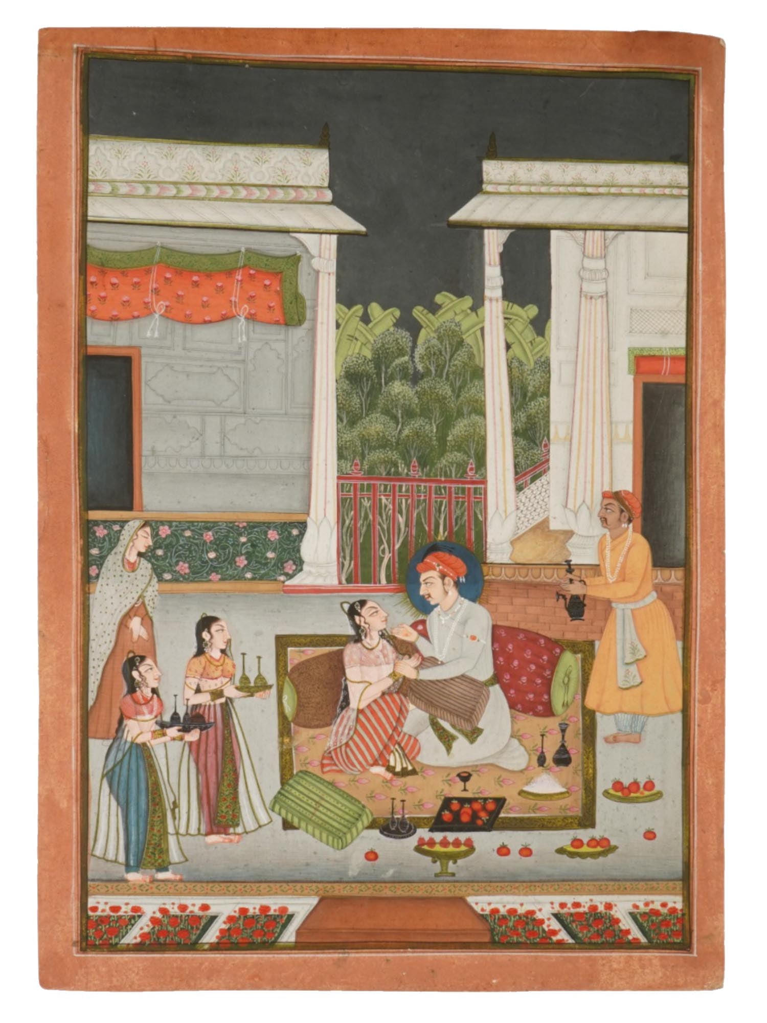 ANTIQUE INDIAN MUGHAL MINIATURE PAINTING PALACE SCENE: An antique Indian Mughal miniature painting, dating to the 19th century and depicting an intimate zenana or palace interior scene characteristic of late courtly traditions of the Mughal Empire. The co