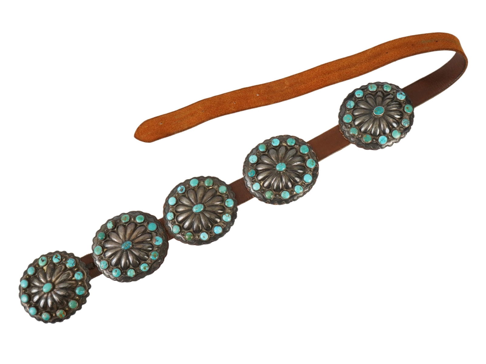AMERICAN SILVER TURQUOISE STONE LEATHER CONCHO BELT (1 of 3)