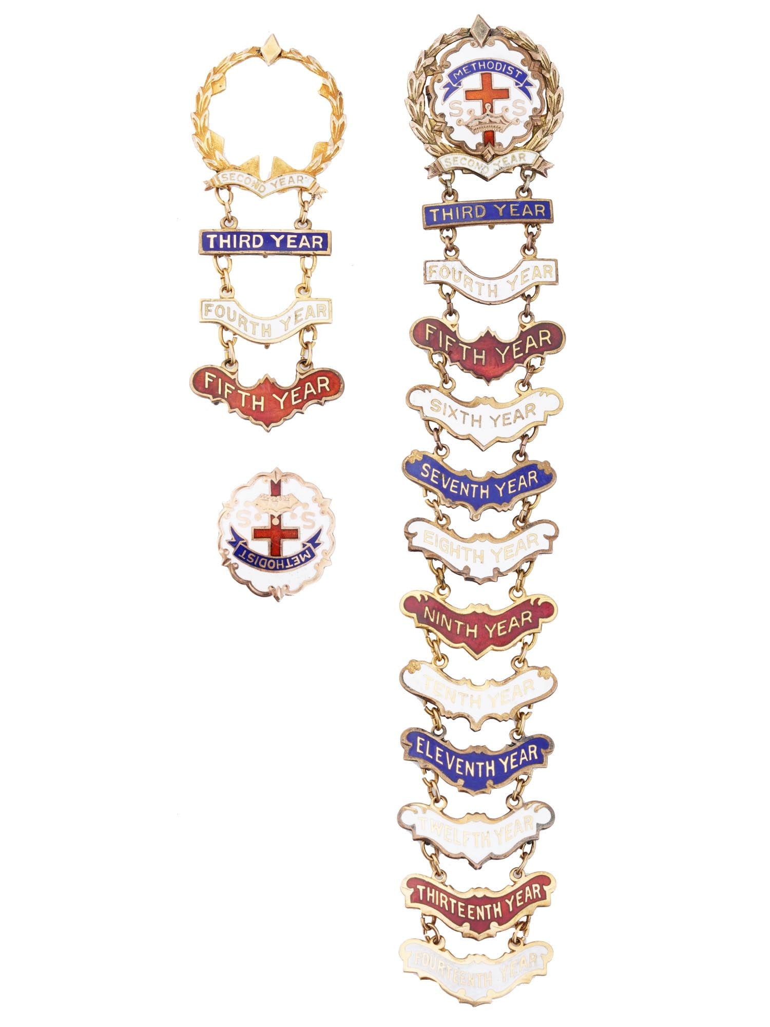 10K GOLD FILLED ENAMEL SUNDAY SCHOOL PIN MEDALS: A pair of Littles System Cross and Crown 10K Gold Filled and enameled Sunday School Fifth and Thirteen Years pin medals. The gold filled pin was made by Robbins of Attleboro. Each piece is marked with