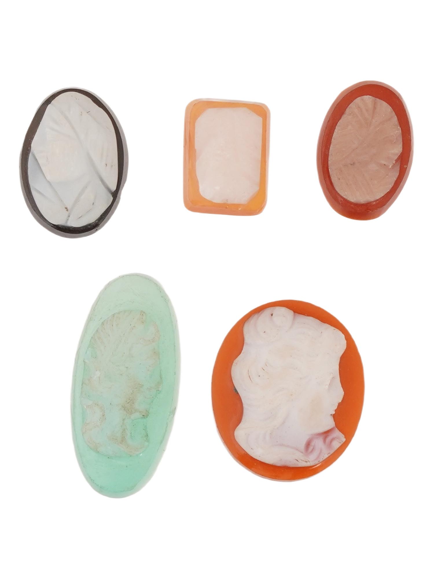 COLLECTION OF CARVED STONE PORTRAIT CAMEO MEDALLIONS: A collection of five hand carved stone cameo medallions. Each piece is crafted from conch shell, featuring female profile portraits and foliage motifs rendered in high relief. Oval and rectangular sha