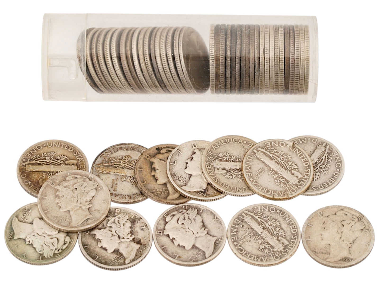 ROLL 50 SILVER MERCURY DIMES CA 1920S TO 1940S.: A roll of 50 Mercury Dimes with the classic Winged Liberty Head design by Adolph A. Weinman, originally struck by the U.S. Mint from 1916 to 1945 in 90 percent silver. Circa 1920s to 1940s. The obvers