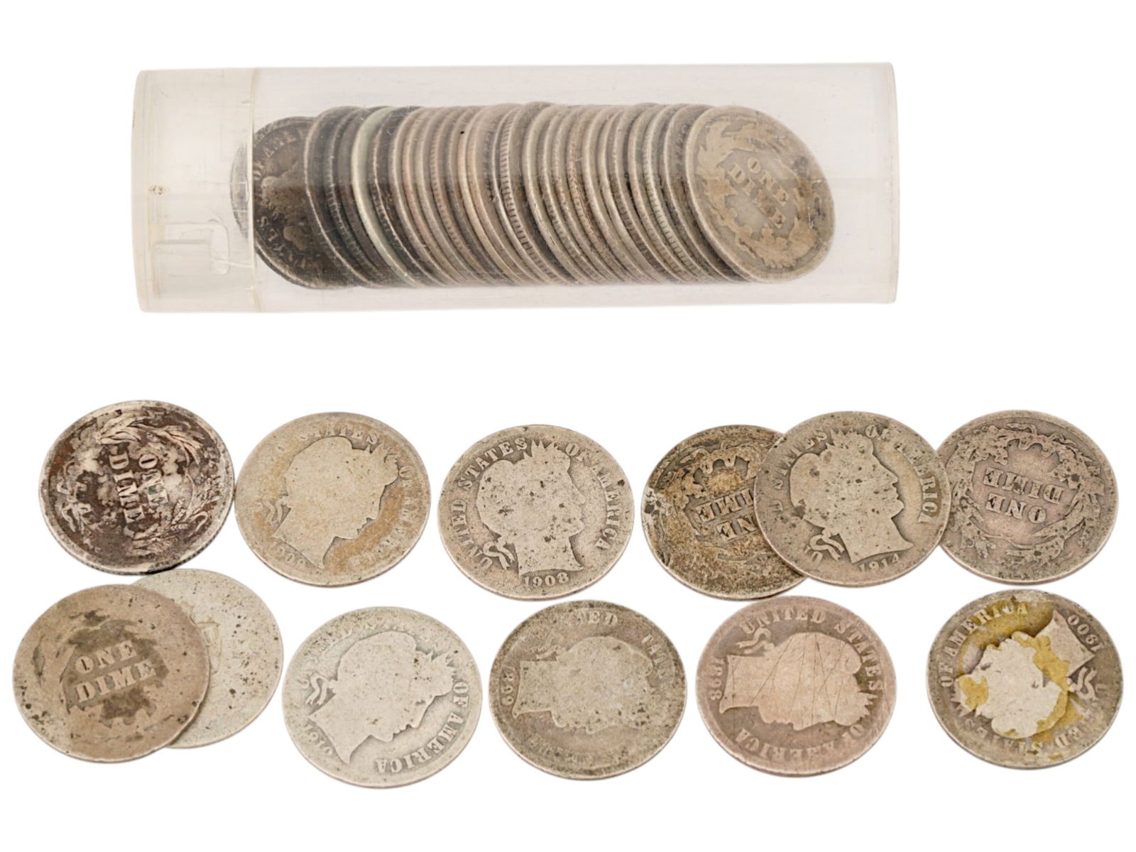 COLLECTION OF ANTIQUE AMERICAN SILVER BARBER DIMES (1 of 5)