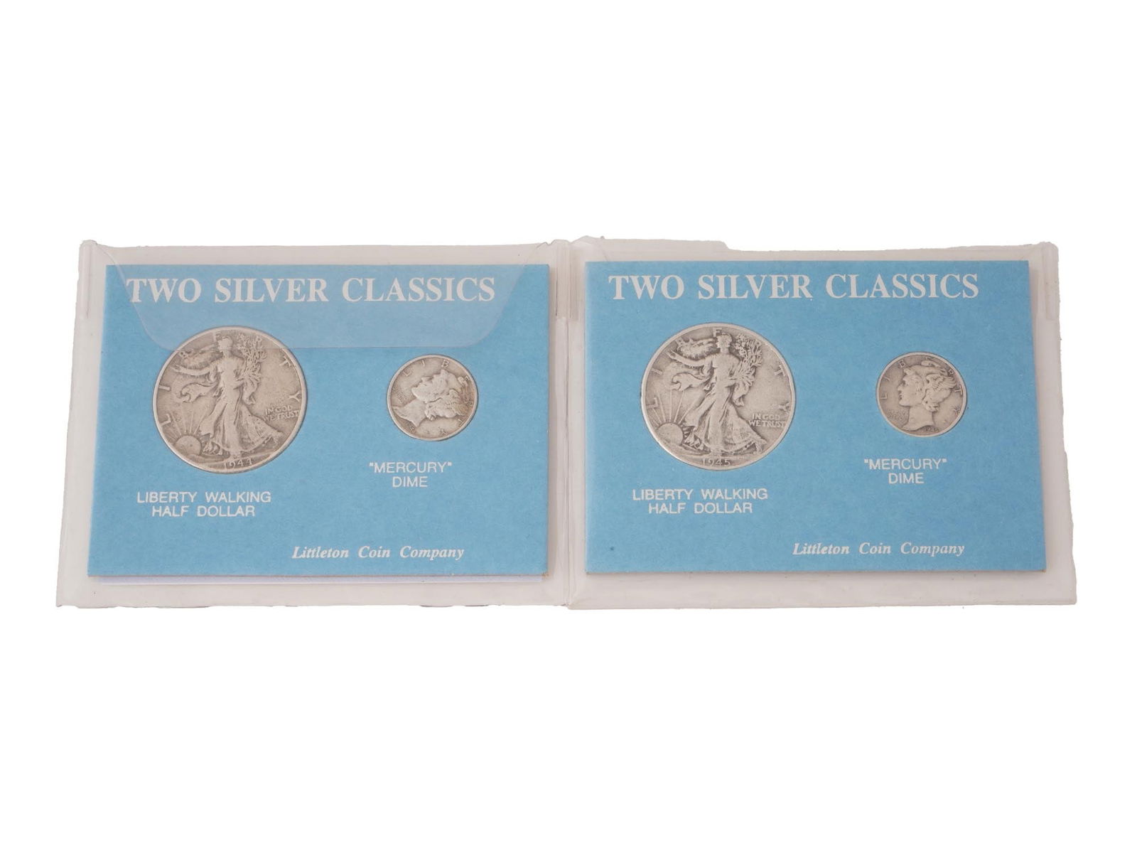 VINTAGE SILVER COIN SETS LITTLETON COMP 1944 AND 1945: Two vintage coin sets issued by Littleton Coin Company, dated 1944 and 1945. Each set is housed in its original card case with an informational pamphlet and contains two classic 90 per cent silver U.S