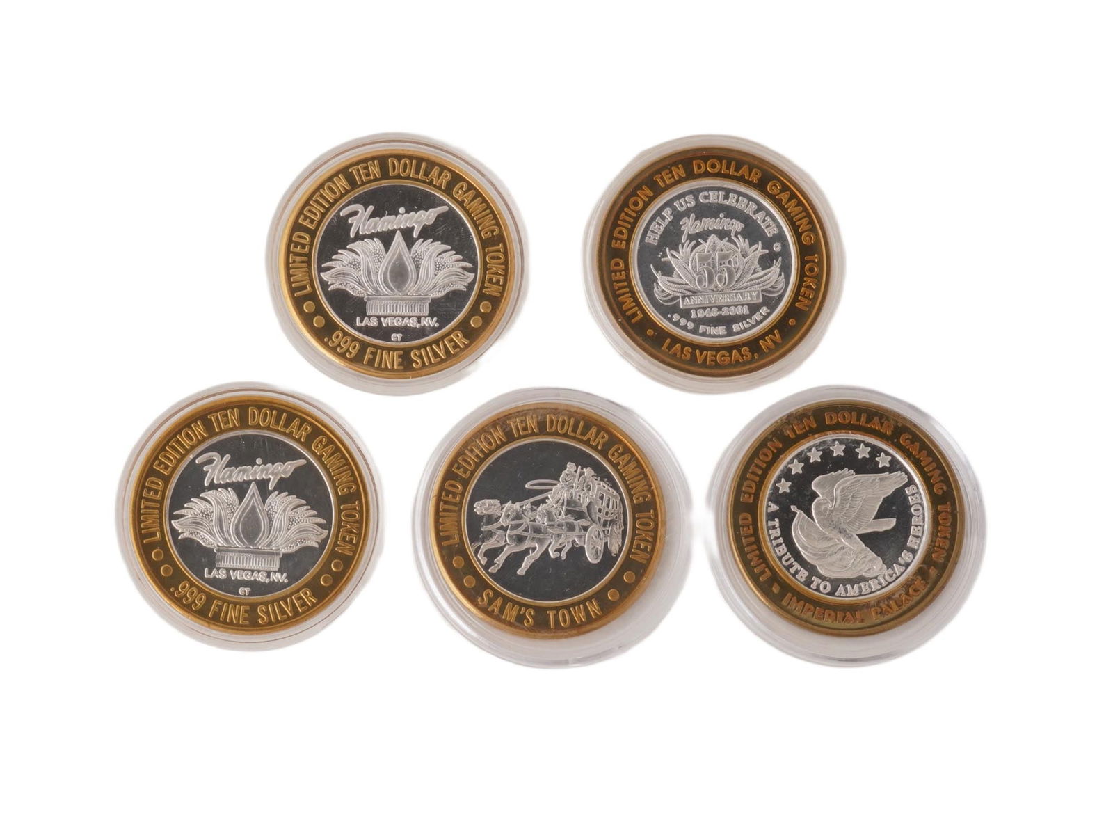 GROUP OF 5 VITAGE 999 SILVER 10 DOLLAR CASINO ROUNDS: A group of five vintage 10 dollar casino silver rounds, each struck in .999 fine silver with a weight of approximately 0.60 troy ounces per round, totaling about 3 troy ounces of pure silver. Three of