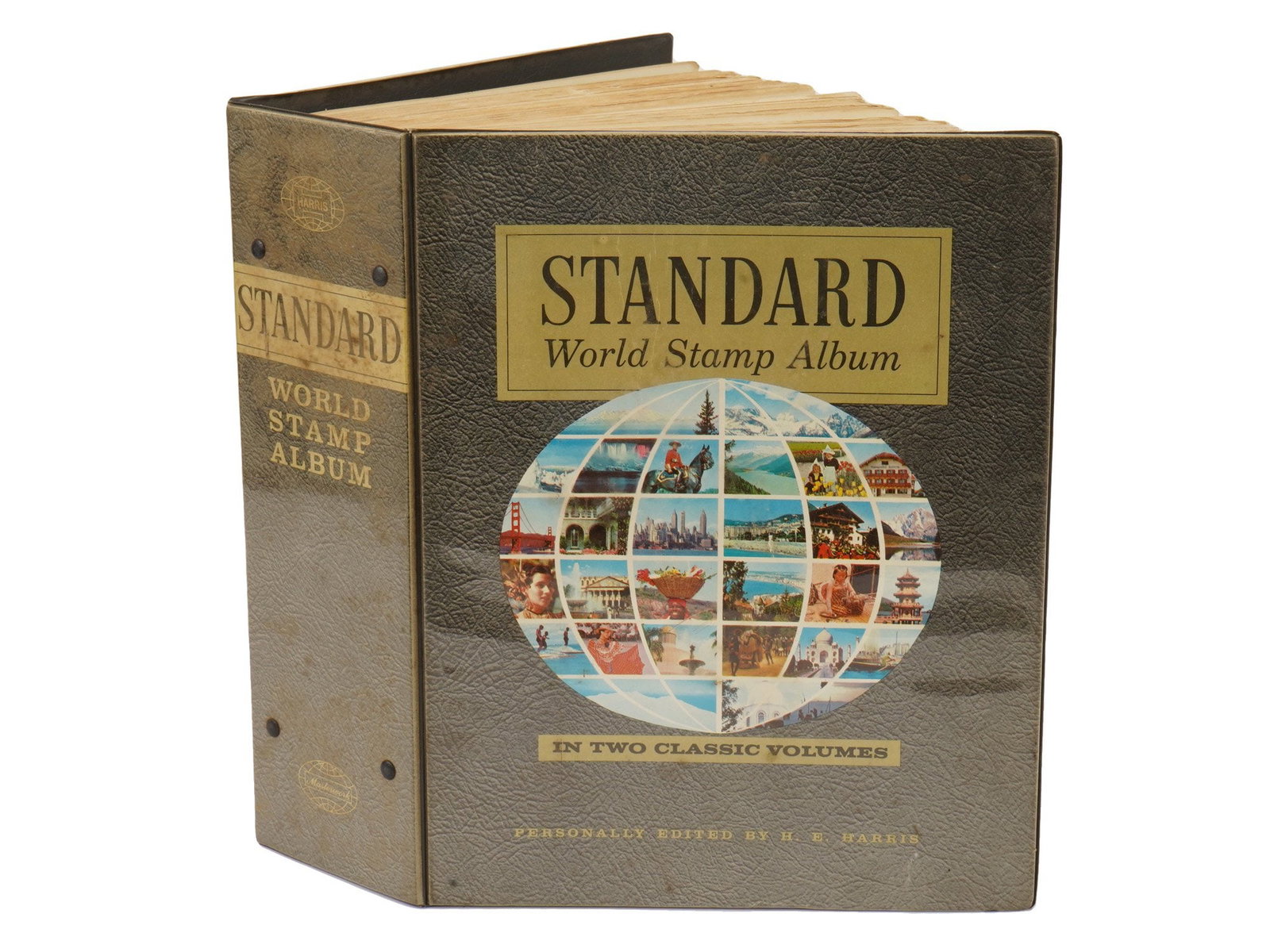 VINTAGE HARRIS AND CO STANDARD WORLD STAMP ALBUM: A vintage Standard World Stamp Album, personally edited by H.E. Harris. Publisher: H.E. Harris and Co., founded by Henry Ellis Harris. For decades, it was the worlds largest stamp firm, known for maki