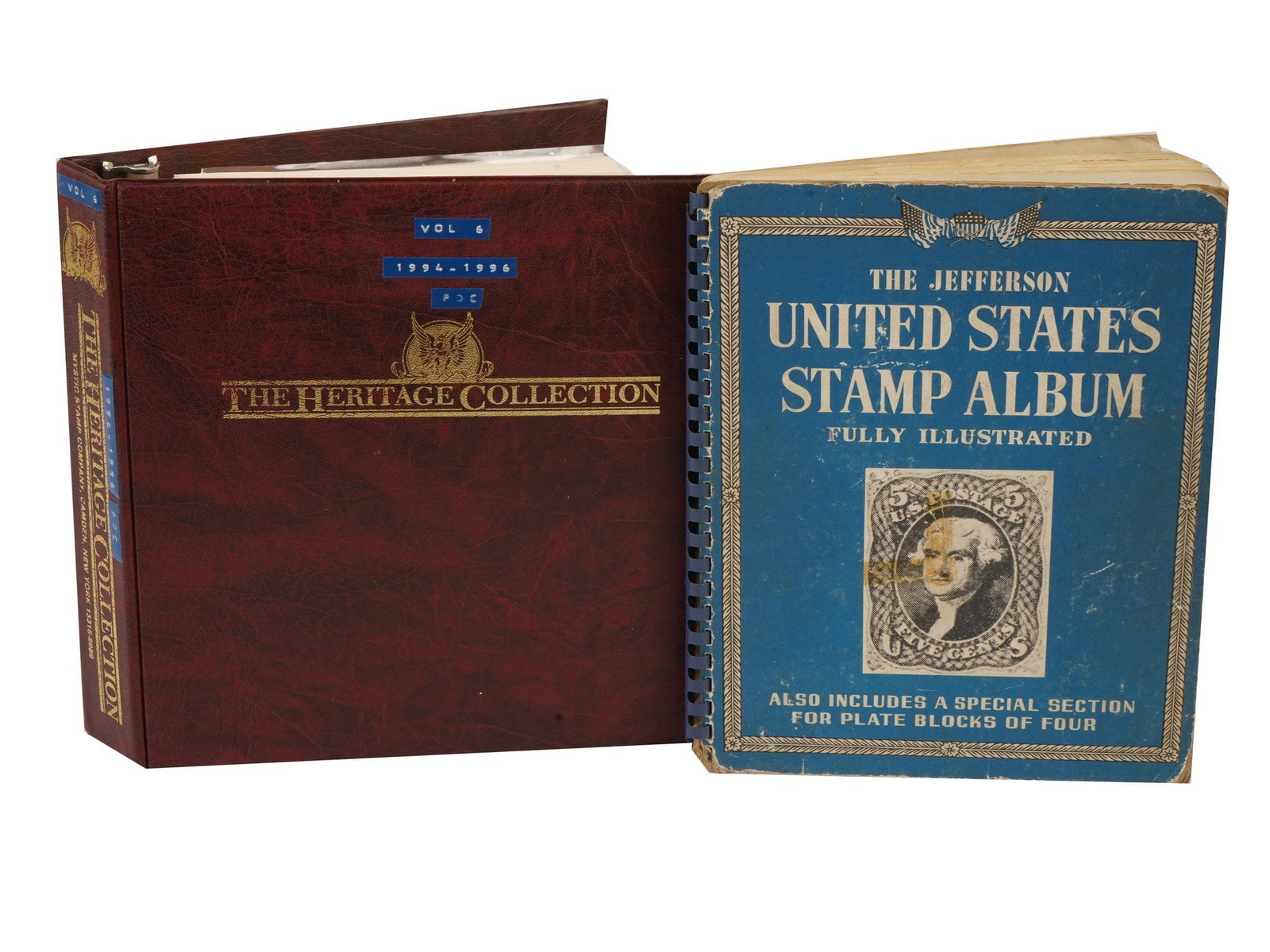 TWO US STAMP ALBUMS HERITAGE COLLECTION AND JEFFERSON: A lot of two different types of United States stamp albums. 1. The Heritage Collection, vol 6, 1994 to 1996, Mystic Stamp Company. Pages features First Day Covers from various series. 2. The Jefferson