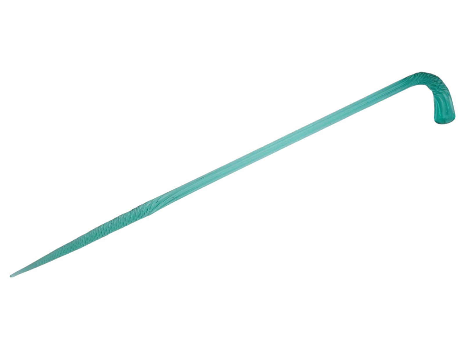 ELEGANT AQUAMARINE GLASS CANE W SPIRAL DESIGN: An elegant aquamarine glass cane is a superb example of a decorative glassblowers whimsy, likely dating from the late 19th to early 20th century. The cane is crafted from a vibrant, translucent teal o