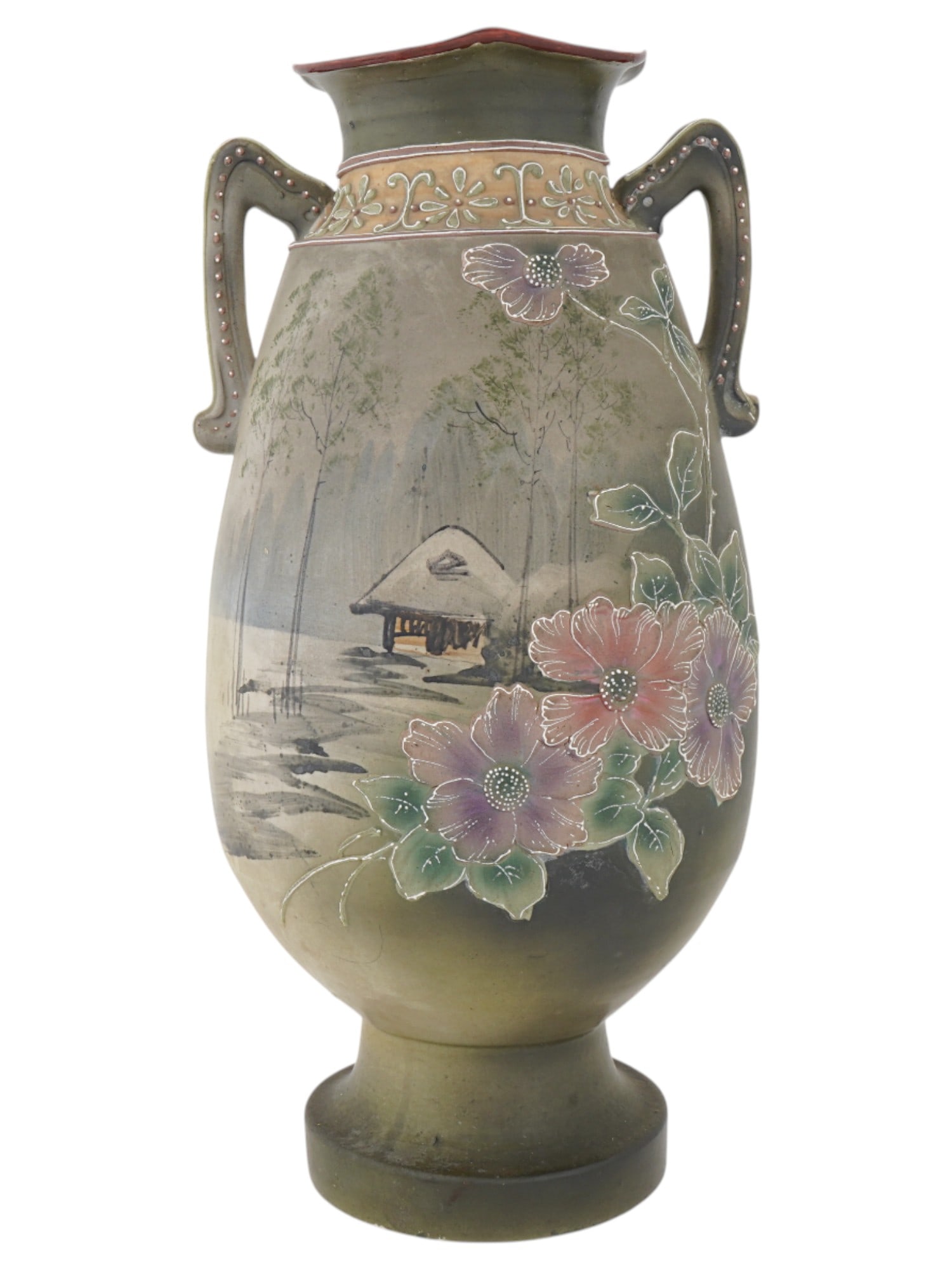 LARGE ASIAN DOUBLE HANDLED PAINTED PORCELAIN VASE (1 of 6)