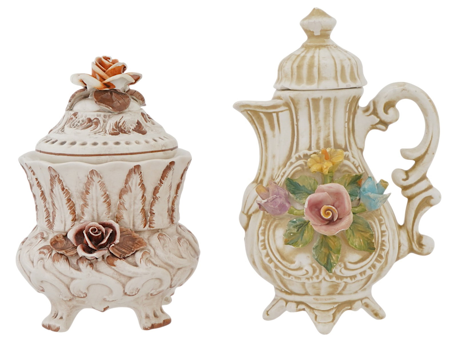 VINTAGE ITALIAN CERAMIC CANDY BOWL AND JUG BY V BASSANO: A pair of vintage Italian ceramic items by V. Bassano. The lot includes a lidded candy bowl and a jug. Both pieces are decorated with lush relief decoration with floral and foliate motifs and are rais