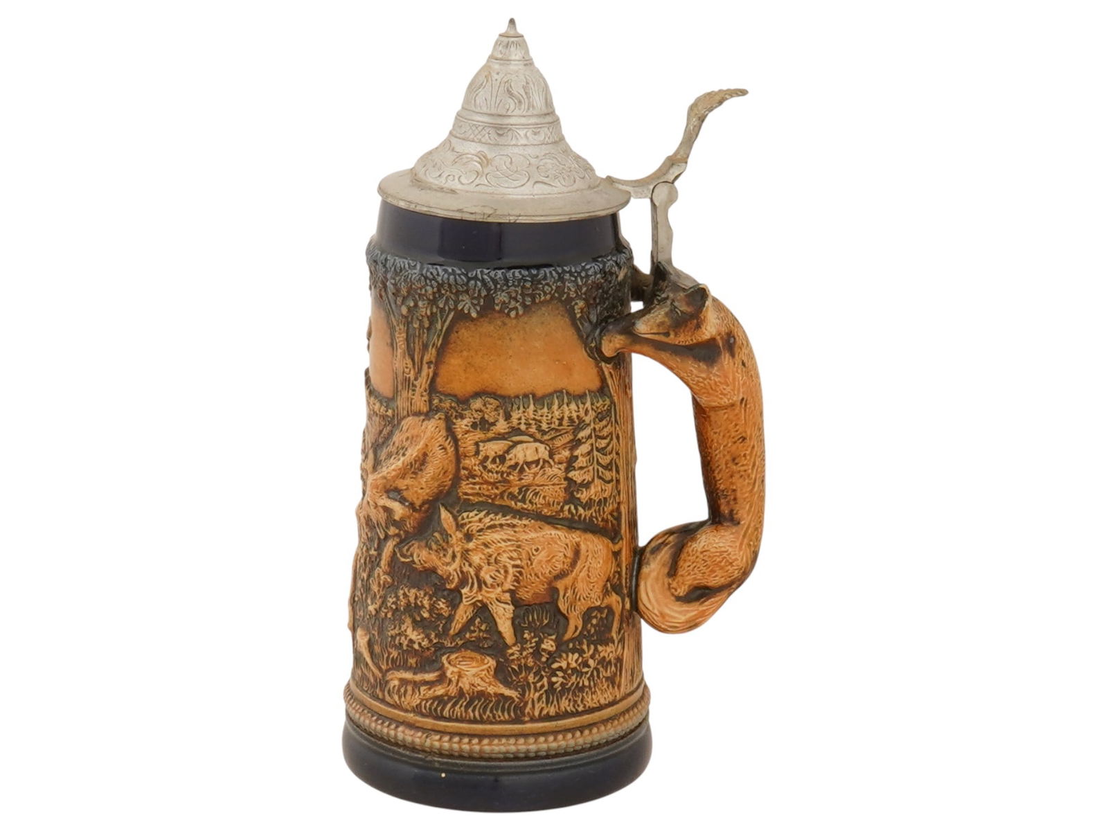 WEST GERMAN STONEWARE BEER STEIN BY GERZ: A German stoneware beer stein, second half of the 20th century. Handled cylinder vessel with a hinged figurative pewter lid. Glazed relief body depicting animals of the forest. The handle is shaped as