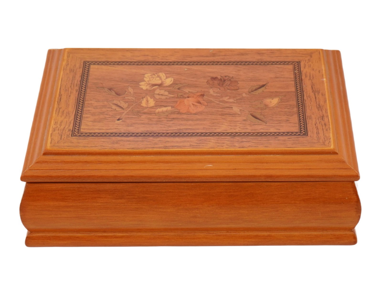 VINTAGE MELE AND CO BRYNN WOODEN JEWELRY BOX W MIRROR: A vintage Mele and Co. Brynn wooden jewelry box, featuring a marquetry floral inlay on the lid and a rich walnut-finish composite wood exterior. The lift-top opens to reveal a full interior mirror and