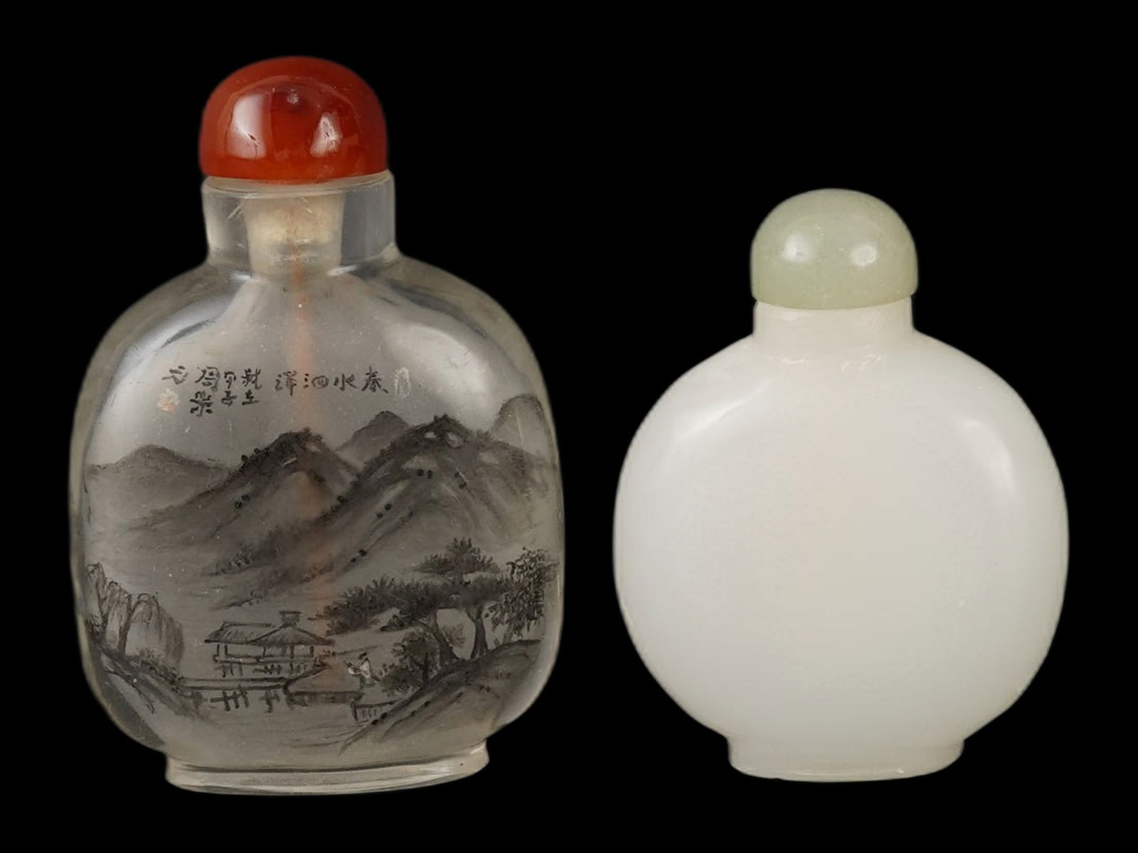 VINTAGE CHINESE GLASS AND WHITE JADE SNUFF BOTTLES (1 of 6)