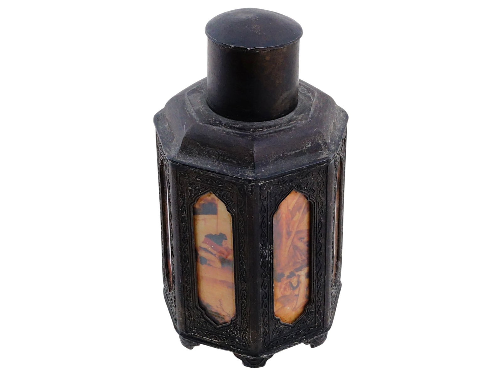 VINTAGE CHINESE PEWTER TEA CADDY WITH GLASS PANELS: A vintage Chinese pewter tea caddy of octagonal shape. Each side is decorated with transfer-printed glass panels depicting multi-figure scenes. Embossed hallmark on the bottom. Collectible Oriental As
