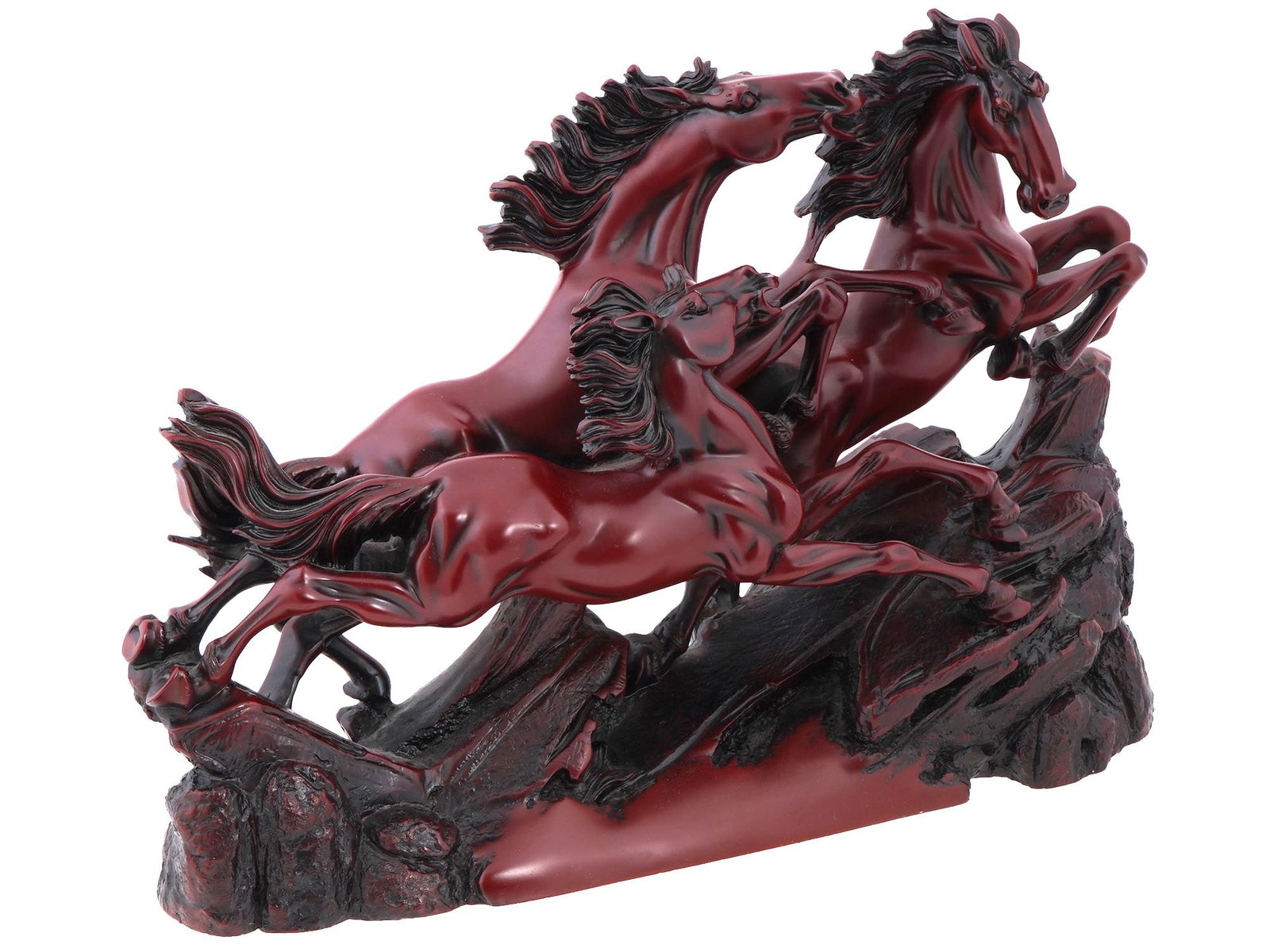 CHINESE COMPOSITE FIGURINE OF THREE HORSES: A Chinese composite figurine of three horses. The figurine is a deep red color with black accents, and depicts three horses in a dynamic, rearing pose, with their manes and tails flowing. The horses a
