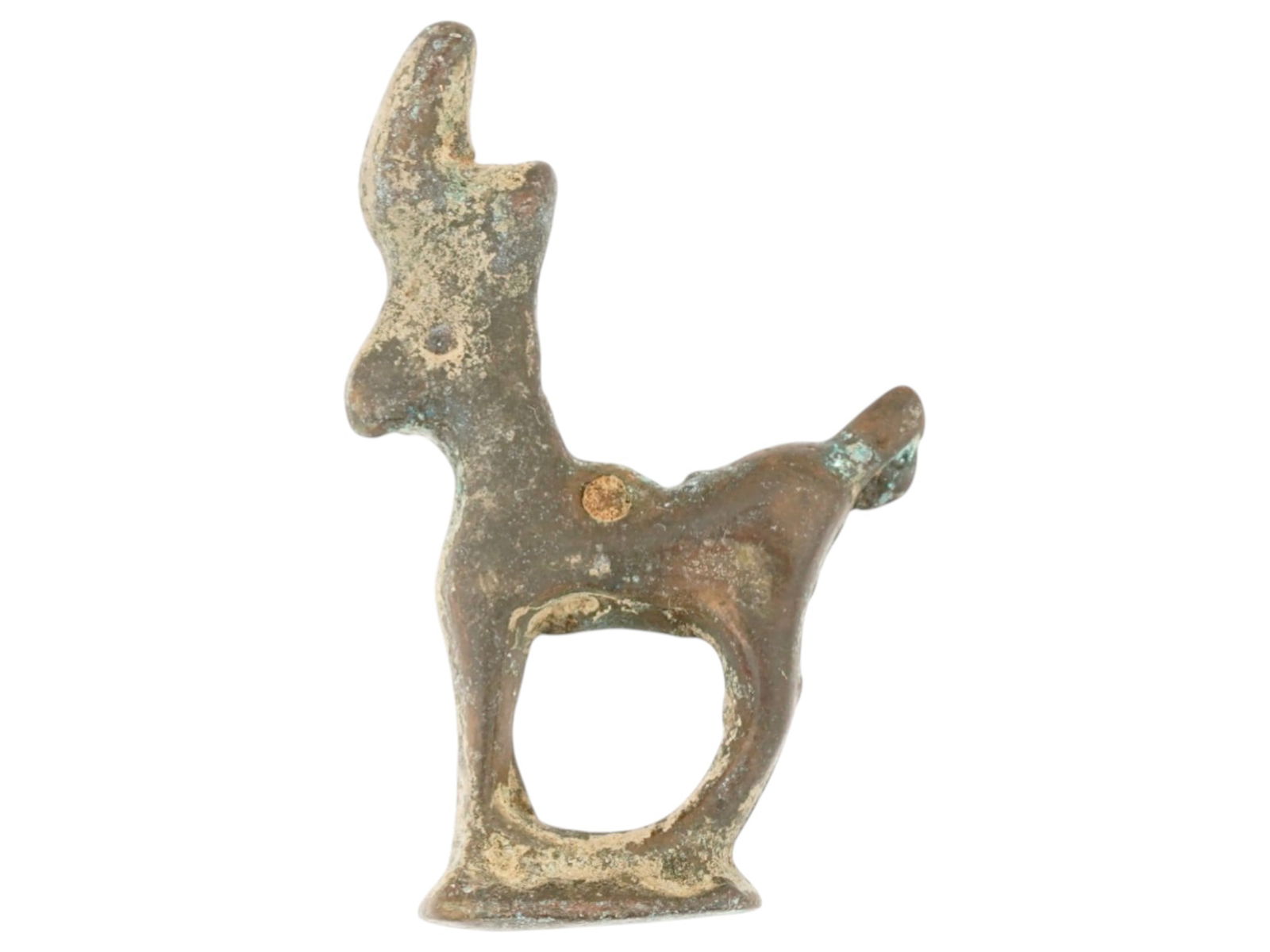 ANCIENT LURISTAN BRONZE DEER AMULET CA 600 BC: An ancient Luristan bronze deer amulet, dating circa 600 BC, from the mountainous region of western Iran, renowned for its distinctive early Iron Age metalwork. Finely cast in bronze, the stylized dee