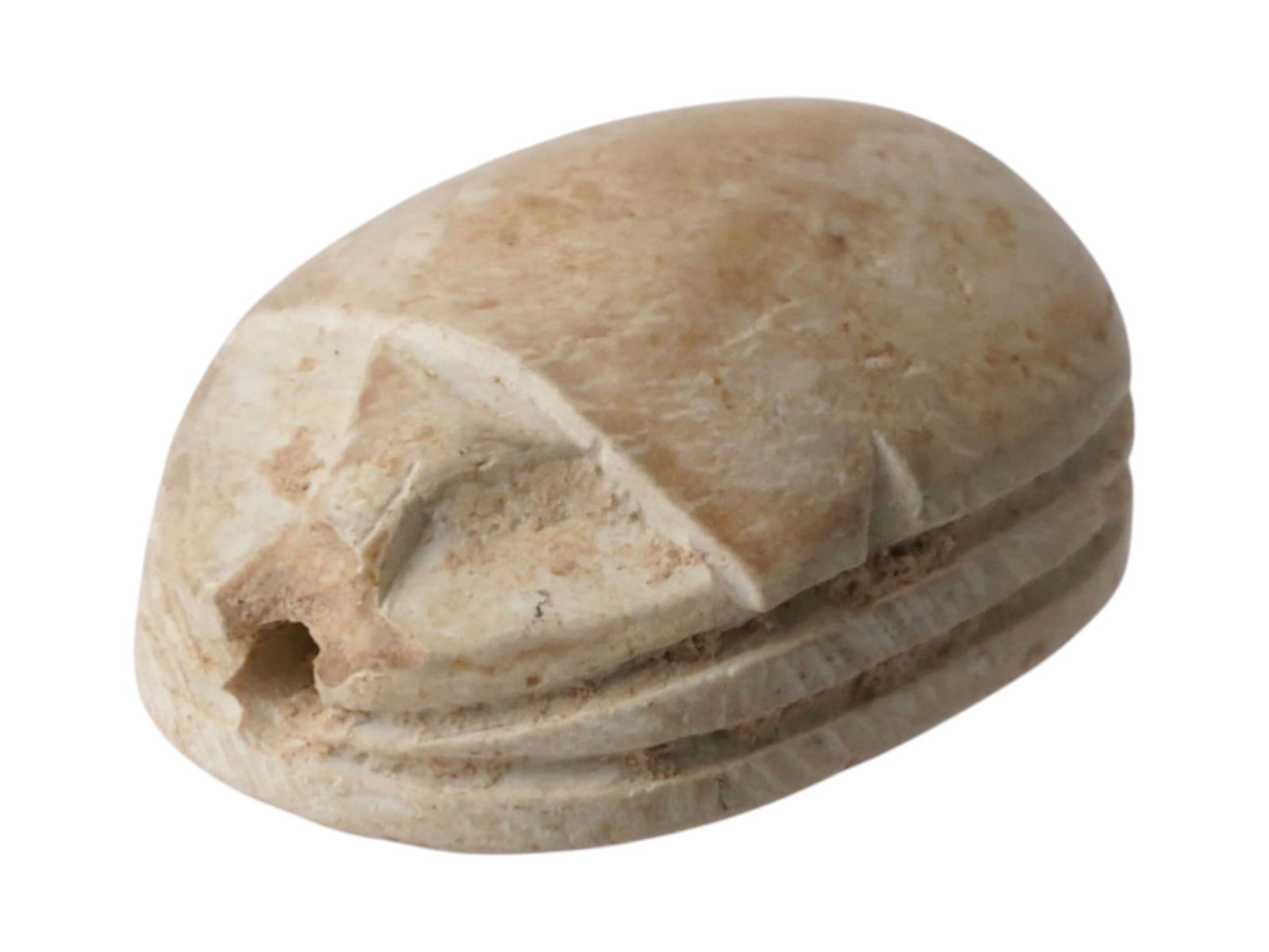 ANCIENT EGYPTIAN LATE PERIOD STONE SCARAB BEAD: An ancient Egyptian Late Period carved stone bead in the shape of a scarab with engraved geometric patterns on the underside. Circa: 700 to 200 BC. Collectible Historical Artifacts, Archaeological Fin
