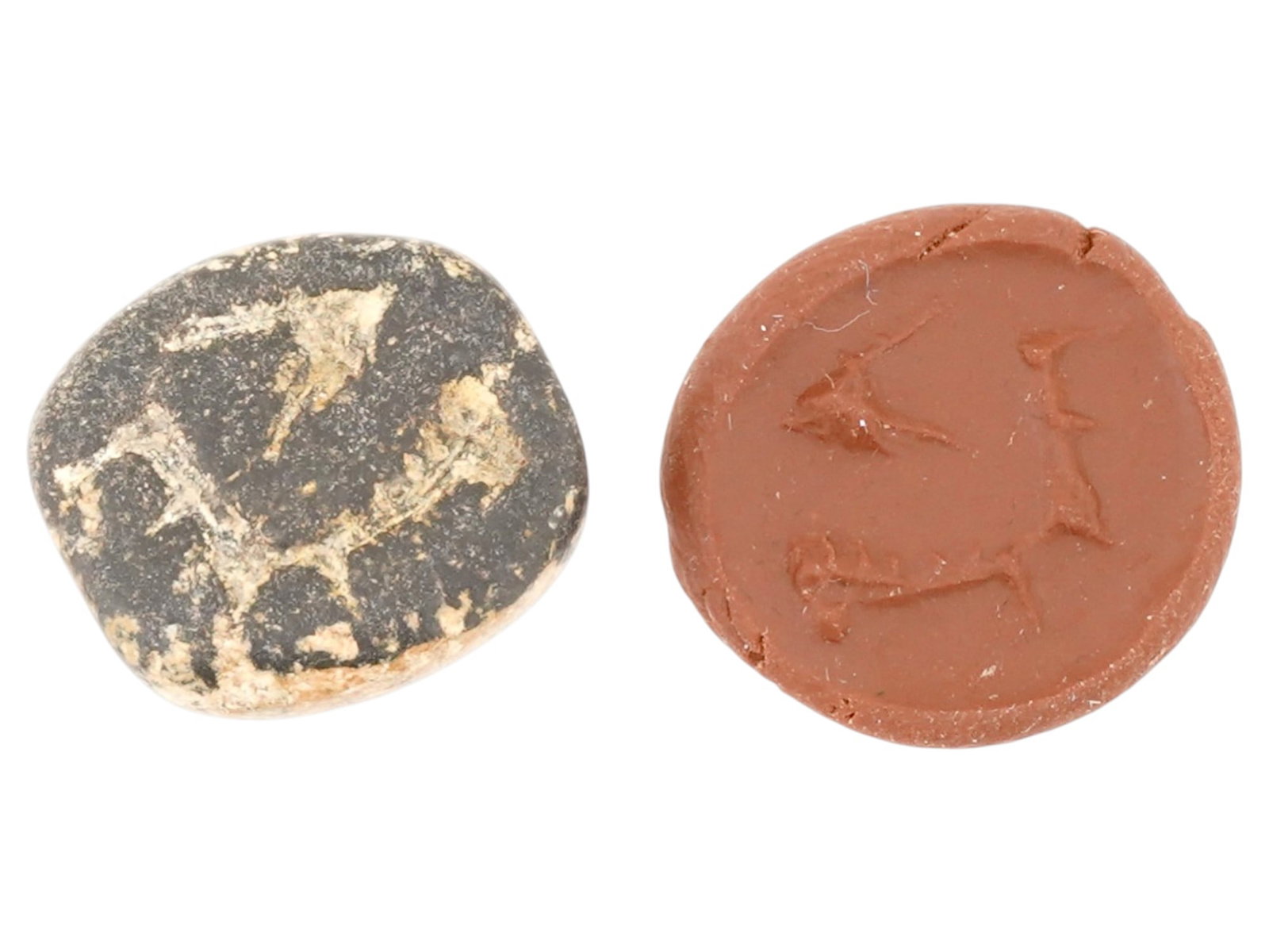 ANCIENT HOLY LAND CARVED STEATITE ENGRAVED SCARAB: An ancient Holy Land carved steatite stone scarab bead, dating to the 1st millennium BC, engraved with the image of a horse in the field. Scarabs of this type functioned as amulets and seal stones, of