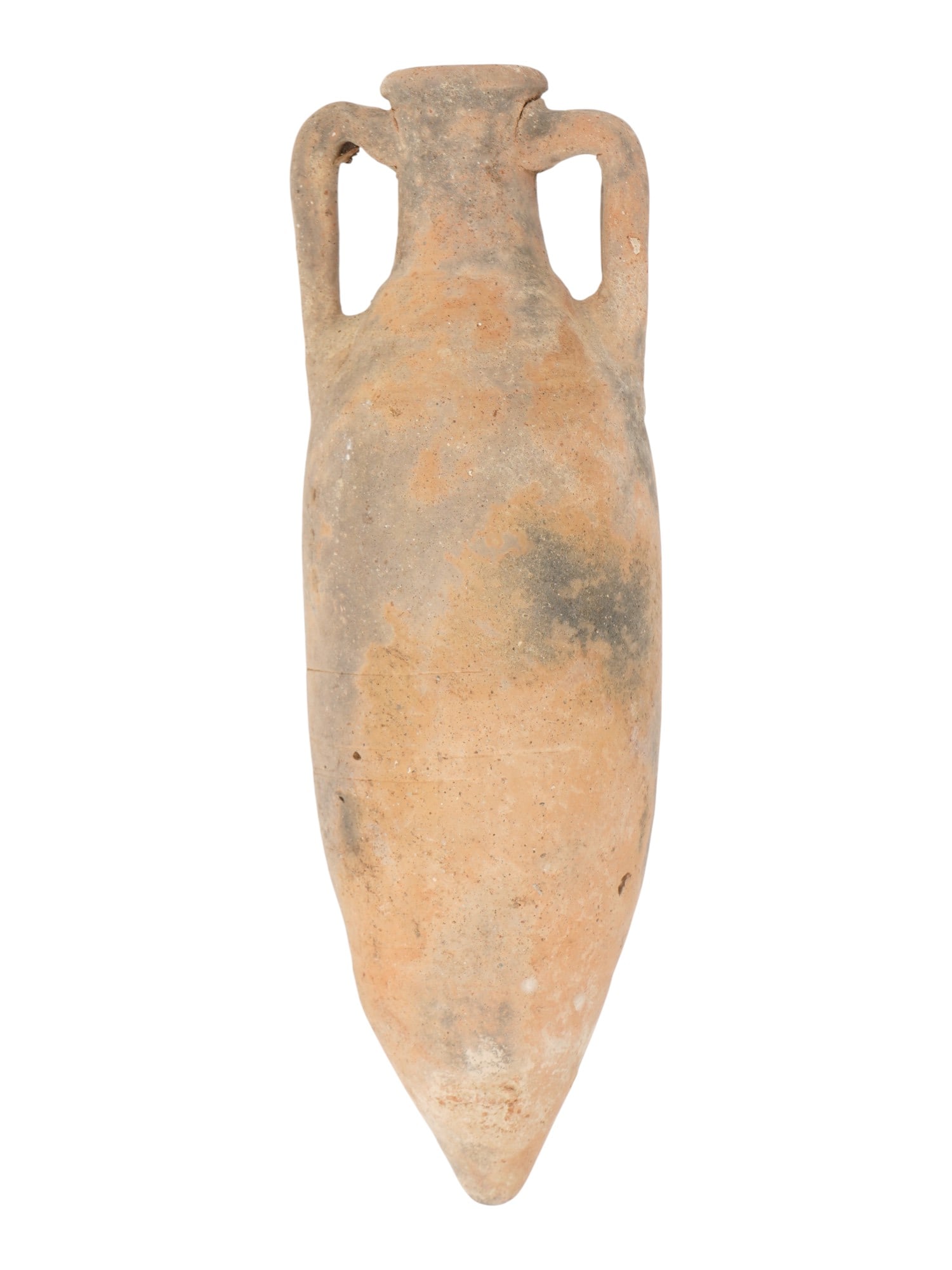 ANCIENT GRECO ROMAN TERRACOTTA AMPHORA: An ancient Greco-Roman terracotta amphora dating from approximately 300 to 100 BC. The vessel features the classic elongated body with twin vertical handles and a narrow neck, designed for the storage