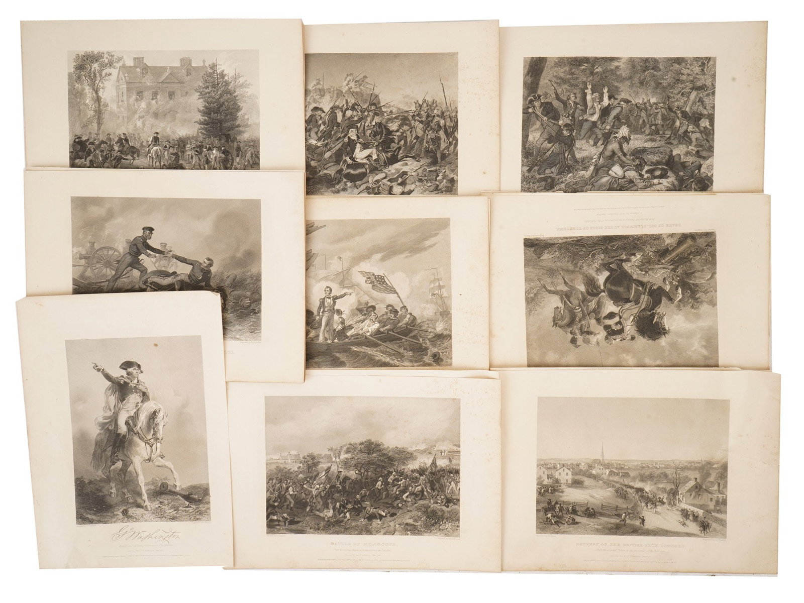 AMERICAN HISTORICAL ENGRAVINGS W MILITARY SCENES: A lot of nine antique American historical engravings with military scenes. The lot includes The Battle of Trenton, December 26, 1776. Death of Col. Scammell at the Siege of Yorktown. Death of Col. Sca