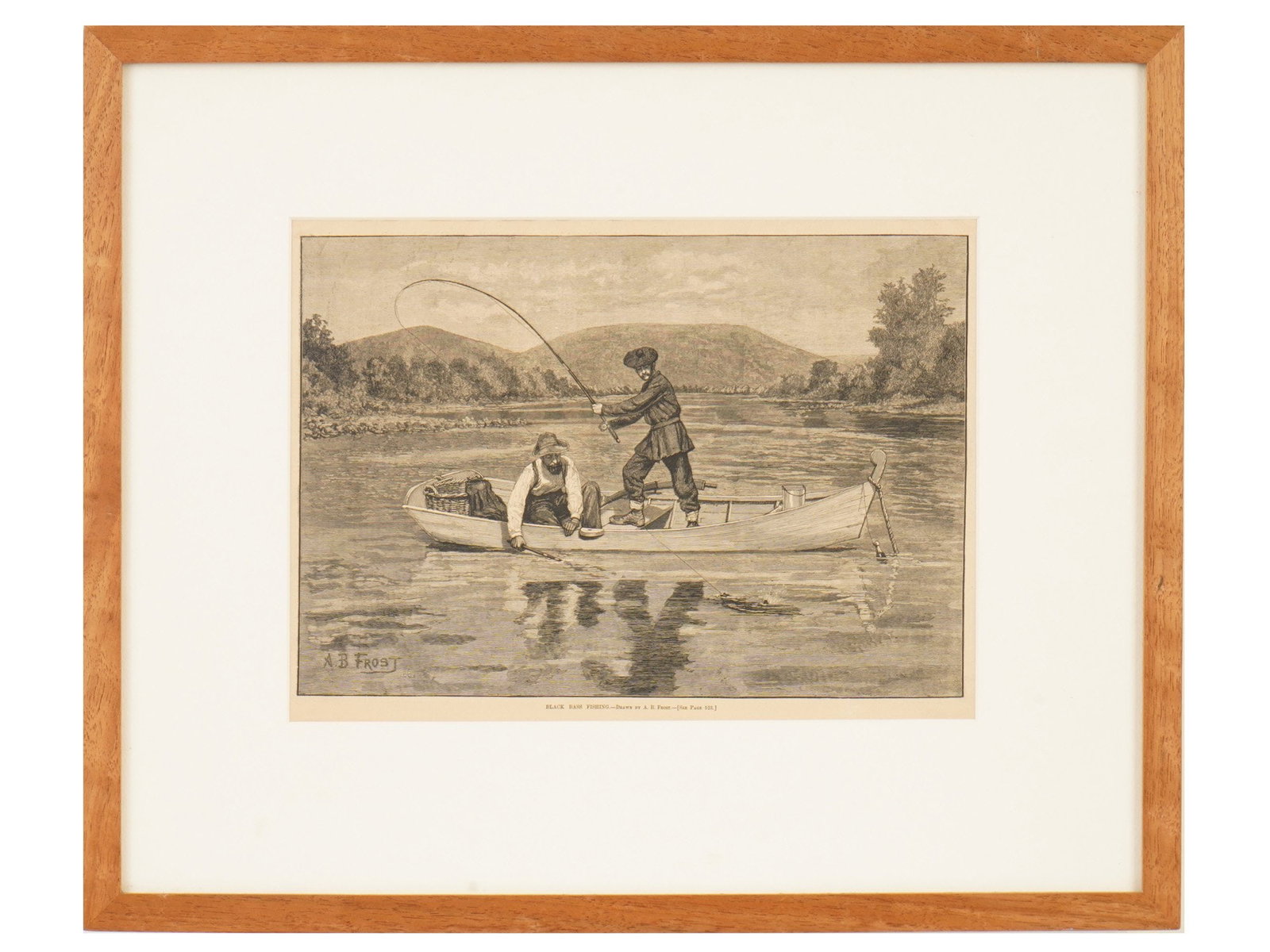 ANTIQUE AMERICAN ENGRAVING BY ARTHUR BURDETT FROST: An antique American genre scene engraving by Arthur Burdett Frost titled Black Bass Fishing. Matted and framed. The American Federation of Arts label on the backside. Graphic Art Prints and Collectibl