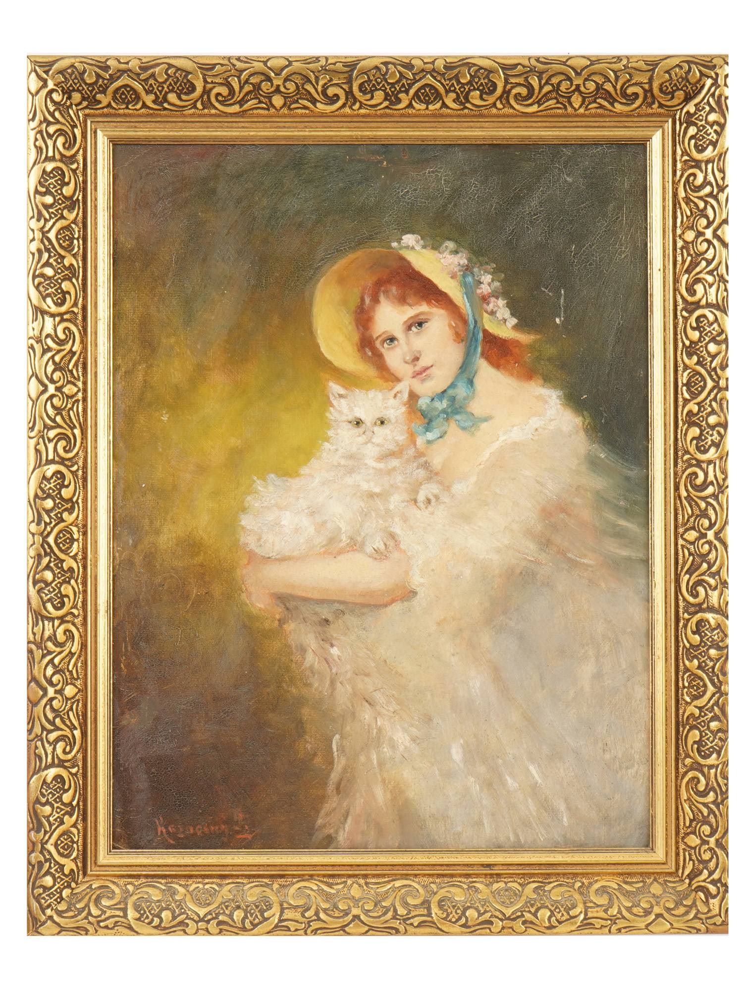 PORTRAIT OIL PAINTING GIRL WITH CAT SIGNED: An oil on board painting depicts a young girl with red hair wearing a white dress and a straw hat accented by a teal ribbon, cradling a white long-haired cat. The work is executed with a focus on soft