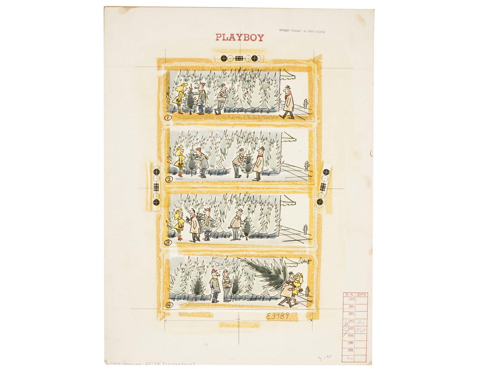 ORIGINAL PLAYBOY MAGAZINE CARTOON BY CLAUDE SMITH: A Playboy Magazine illustration by Claude Smith, 1913 to 2003, an acclaimed American cartoonist who worked for the New Yorker magazine. Executed on a heavy illustration board, the piece features vario