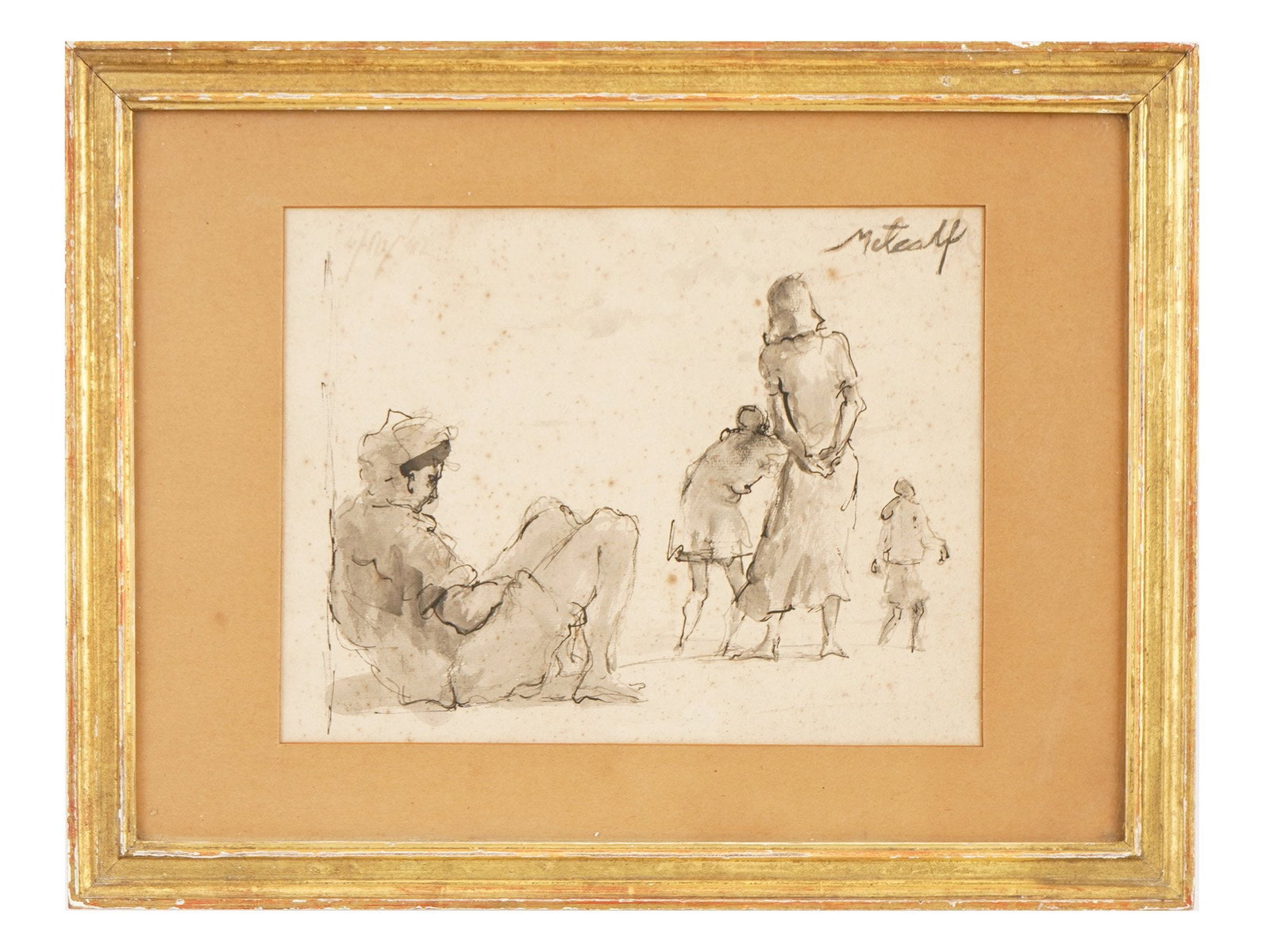 AMERICAN SCENE MIXED MEDIA PAINTING SIGNED METCALF: An American mixed media painting on paper depicting a genre scene. Signed, Metcalf, upper right. Framed. Willard Leroy Metcalf, 1858 to 1925, was an American landscape artist and Impressionist. He was