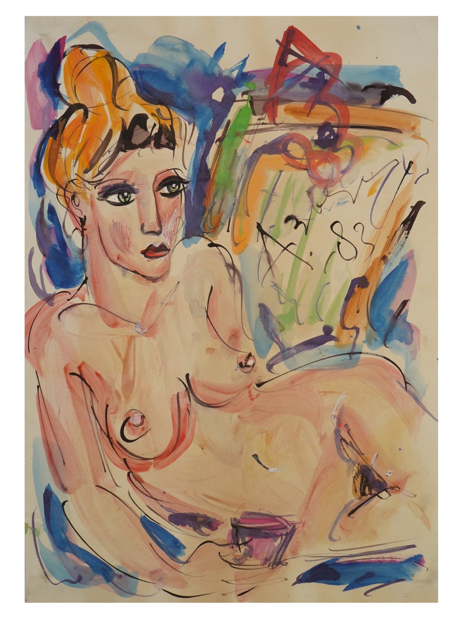 ATTR TO ANATOLY ZVEREV RUSSIAN MIXED MEDIA PAINTING: Attributed to Anatoly Timofeivich Zverev, Russian, Soviet era, 1931 to 1986, a mixed media painting on paper depicting a portrait of a reclining nude woman, 1983. Signed and dated, upper right. Anatol