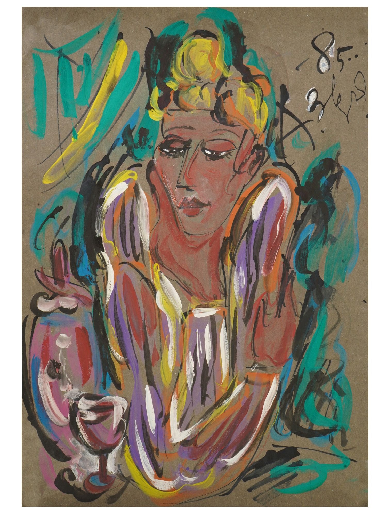 ATTR TO ANATOLY ZVEREV RUSSIAN FEMALE PORTRAIT PAINTING: Attributed to Anatoly Zverev, Russian, 1931 to 1986, a mixed media painting on paper. The work depicts a portrait of a woman rendered in Zverevs expressive and spontaneous style. Signed and dated 1985