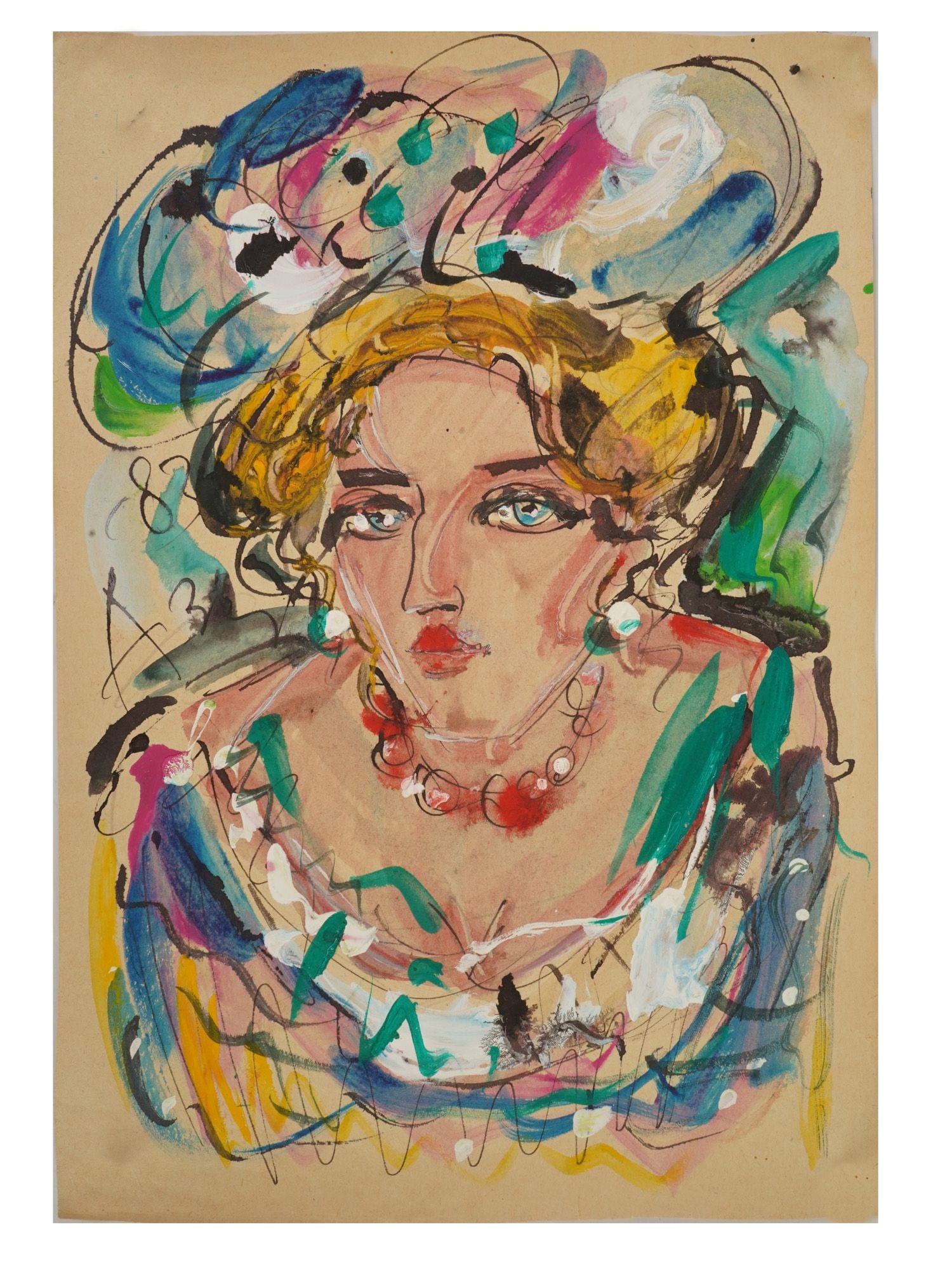 ATTR TO ANATOLY ZVEREV RUSSIAN FEMALE PORTRAIT PAINTING: Attributed to Anatoly Zverev, Russian, 1931 to 1986, a mixed media painting on paper. The work depicts a portrait of a woman rendered in Zverevs expressive and spontaneous style. Signed and dated 1983