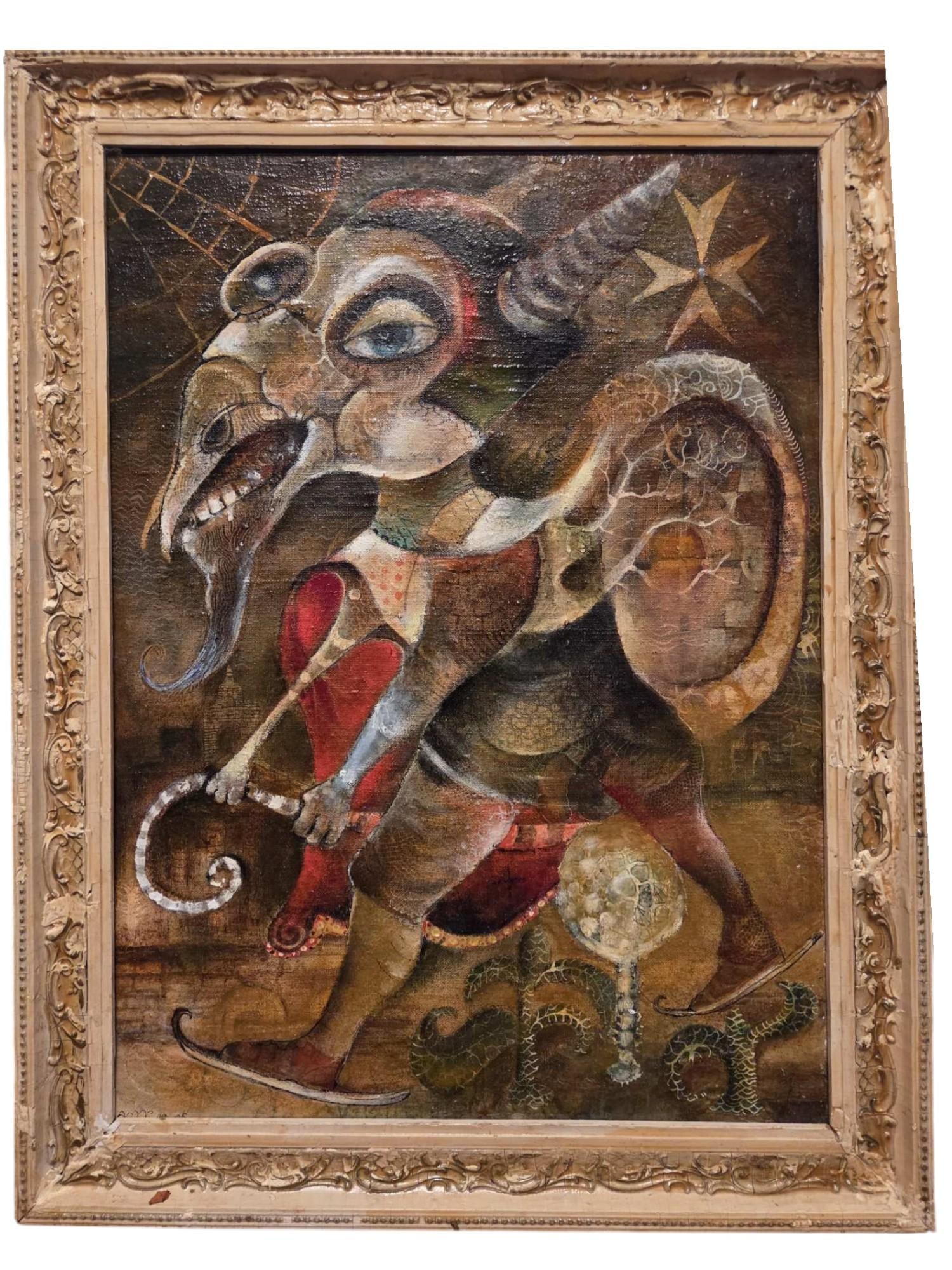 NIKOLAY MANUYLOV KUK RUSSIAN SURREALIST OIL PAINTING: Nikolay Manuylov, alias Kuk, born 1934, oil on board painting. The artwork depicts a Surrealist bird-like creature. Untitled. Signed and dated 1999 in the lower left. Framed. Provenance: private Long