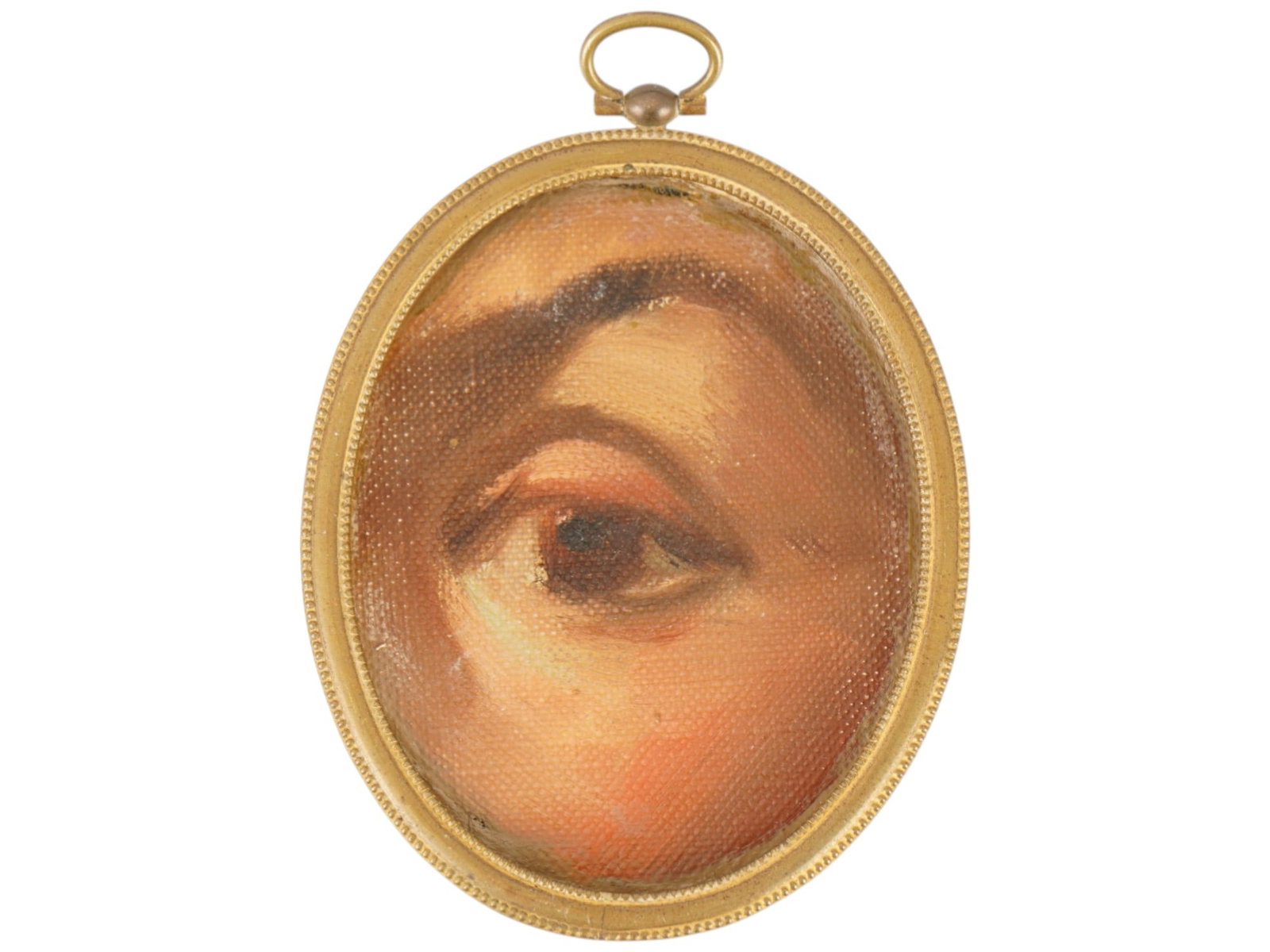 EUROPEAN LOVERS EYE OIL MINIATURE PAINTING: A European School oval shaped Lovers Eye oil miniature painting on canvas mounted on board. These miniatures were used by couples in love to secretly exchange portraits when openly wearing a full leng