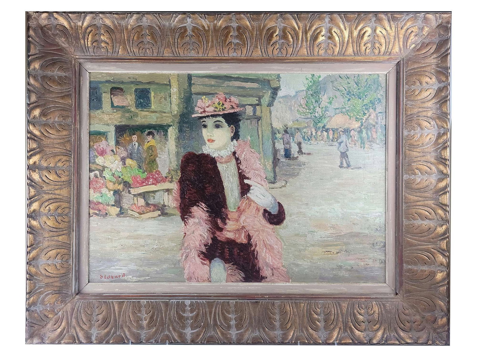 GERMAN FRENCH LADY OIL PAINTING BY DIETZ EDZARD: Dietz Edzard, German, French, 1893 to 1963, an oil painting on canvas laying on board depicting a portrait of a lady in a cityscape. Signed lower left. Also inscribed with numbers on verso. Gilt wood