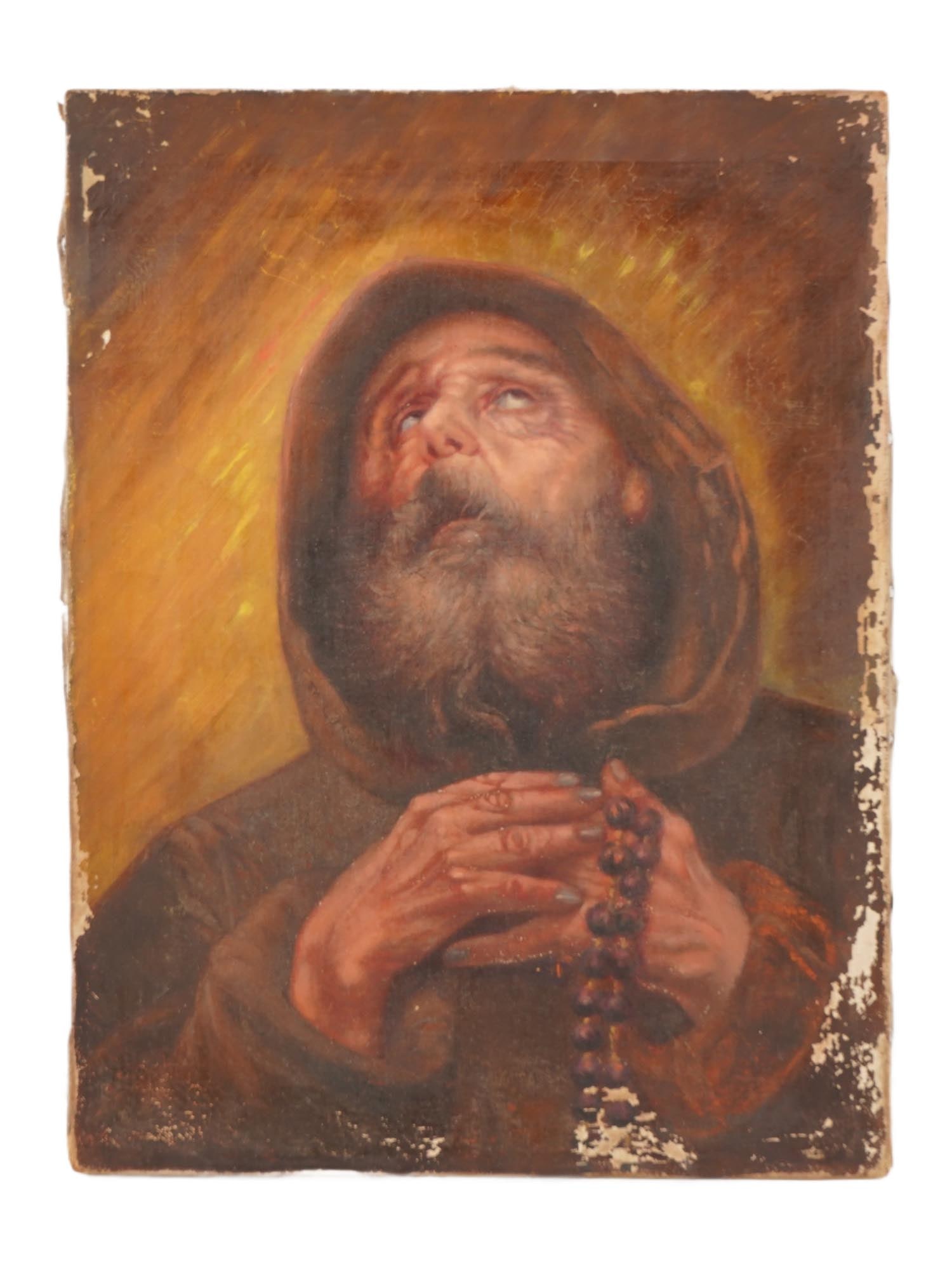 EUROPEAN OIL PAINTING PORTRAIT OF SAINT FRANCIS OF PAOLA: A European oil on canvas painting depicts Saint Francis of Paola, a well-known Italian mendicant friar and founder of the Roman Catholic Order of Minims. An elderly bearded monk in a brown hooded habi