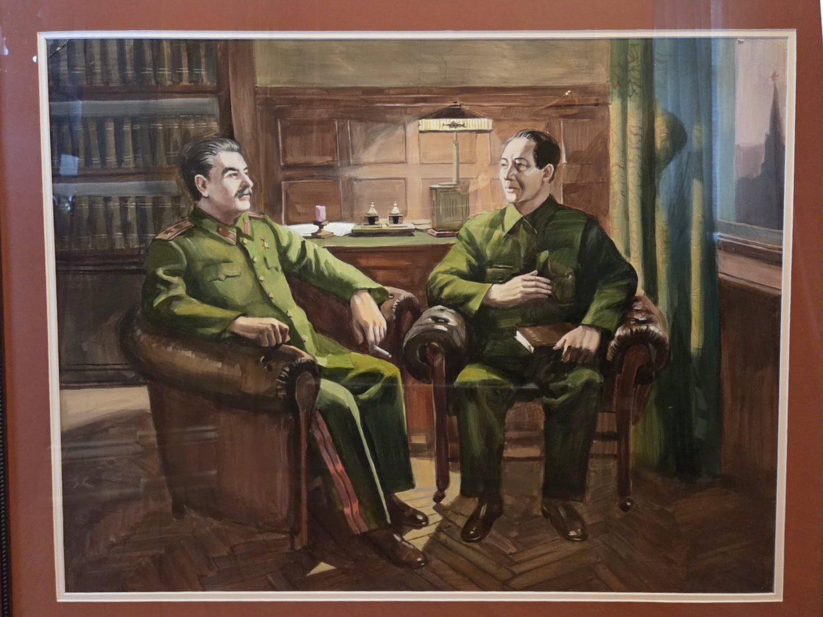 AFTER DMITRY NALBANDYAN SOVIET GOUACHE PAINTING: After Dmitry Nalbandyan, Armenian, 1906 to 1993, gouache on cardboard painting. After the 1950 artwork titled The Great Alliance. The piece depicts the meeting of Joseph Stalin and Mao Zedong in Mosco