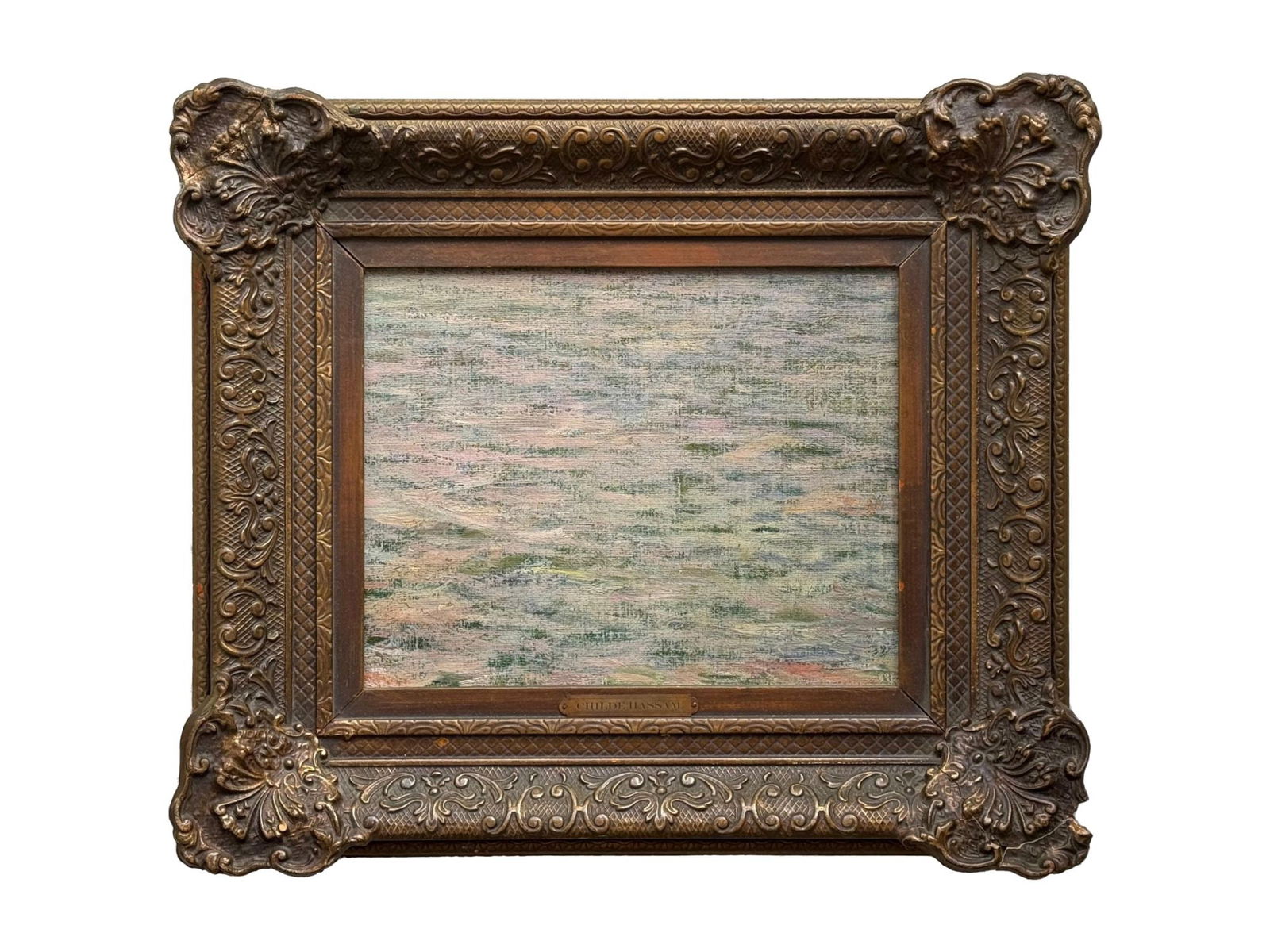 CHILDE HASSAM AMERICAN SEASCAPE ETUDE OIL PAINTING: Frederick Childe Hassam, American, 1859 to 1935, an oil painting on board depicting an etude of a seascape. Framed. Frederick Childe Hassam was an American Impressionist painter, noted for his urban a