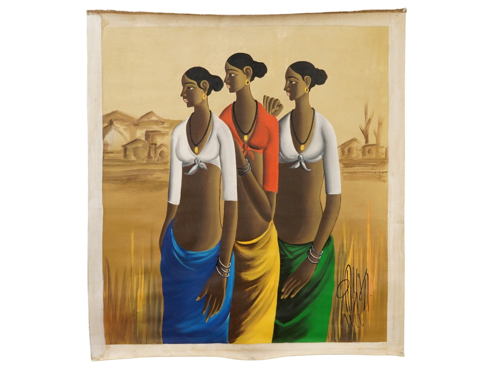 MID CENTURY INDIAN OIL PAINTING SIGNED B. PRABHA: A mid-century Indian school oil painting on canvas titled Village Women, 1988. Signed B. Prabha, 1933 to 2001, an artist known for her iconic depictions of rural Indian life. With a certificate of aut