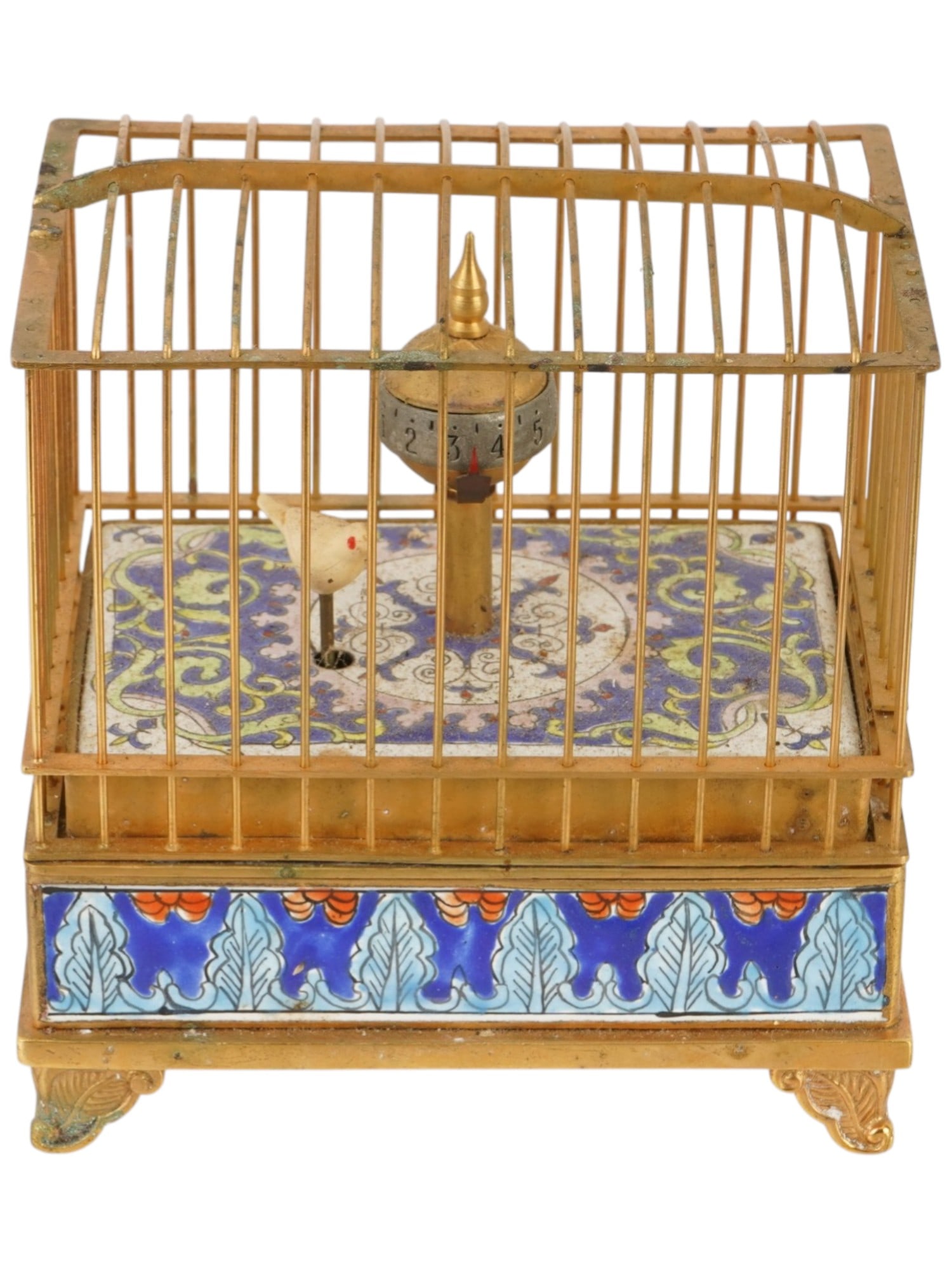 ANTIQUE ENAMEL SINGING BIRD CAGE AUTOMATON WITH CLOCK (1 of 10)