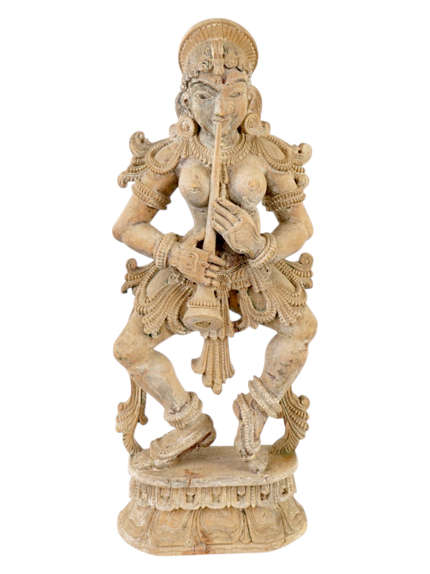 ANTIQUE INDIAN TEMPLE APSARA CARVED WOOD FIGURINE: An antique Indian Temple manner carved wood figurine. Circa the late 19th to early 20th century. The semi-nude figurine, apparently an apsara, is depicted dancing in a complex, dynamic pose, playing a