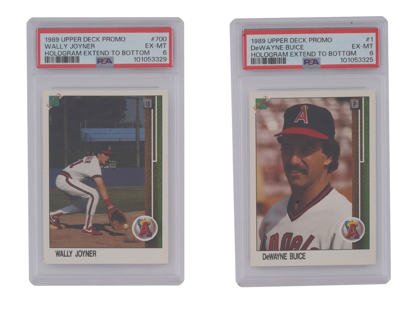 1989 UPPER DECK PROMO CARDS JOYNER AND BUICE PSA: A unique opportunity for collectors of baseball cards and rare promotional items! This auction features two 1989 Upper Deck Promo cards, each with the hologram extending to the bottom, a notable