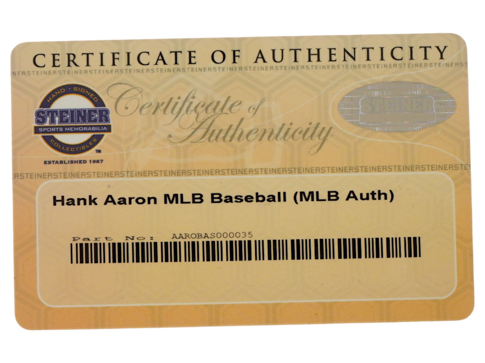 HANK AARON AUTOGRAPHED BASEBALL STEINER AUTH - 8