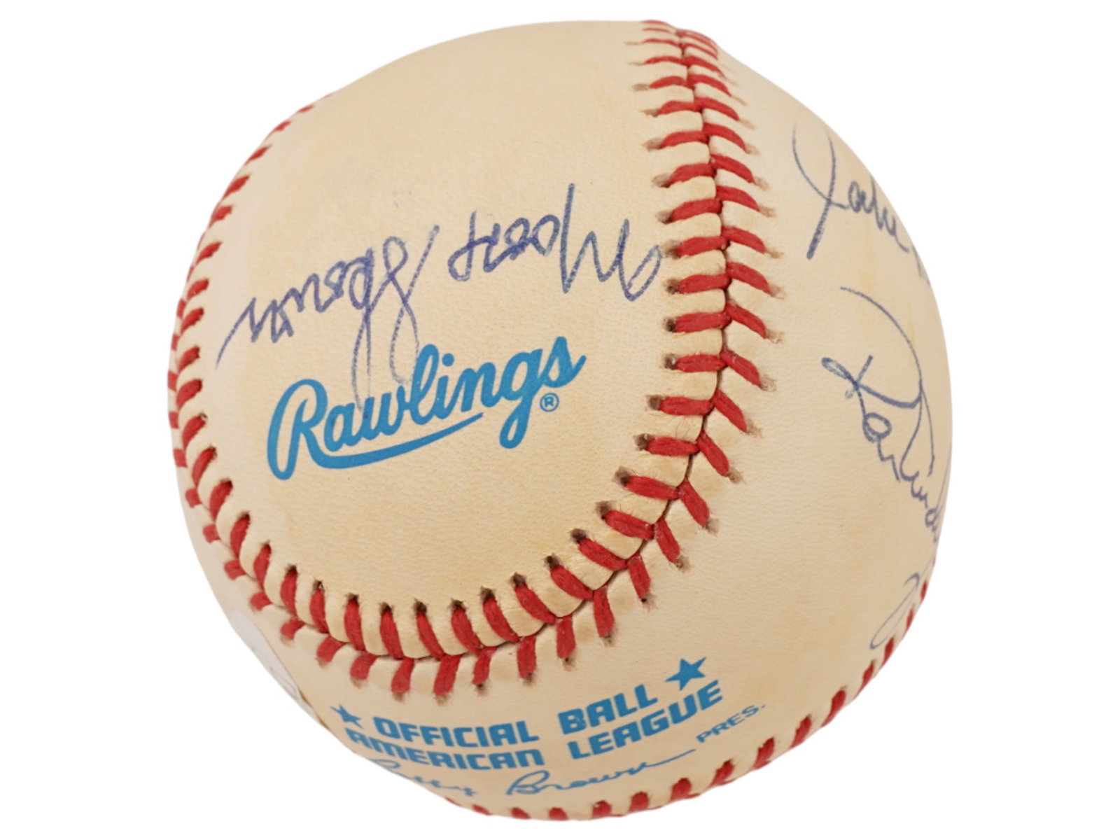 MULTI AUTOGRAPHED BASEBALL YANKEE LEGENDS JSA: This historic baseball features signatures from several New York Yankees greats including Enos Slaughter, Ron Guidry, and Hank Bauer. It is JSA authenticated for all signers. Yankees, Multi-signed, HO