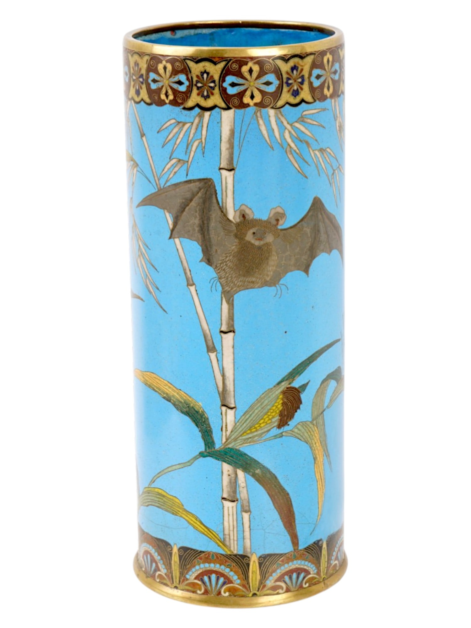 ANTIQUE JAPANESE MEIJI PERIOD CLOISONNE ENAMEL VASE: An antique Japanese cloisonne enamel vase dating to the Meiji Period. The piece features a vivid sky-blue enamel ground decorated with traditional auspicious motifs, including a bat flying among