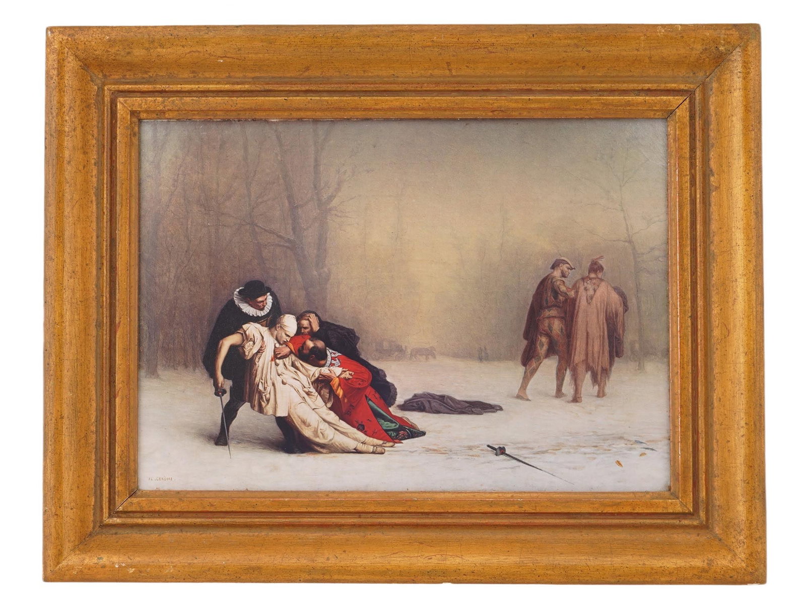 VINTAGE PRINT AFTER JEAN LEON GEROME DUEL PAINTING: A vintage photo print on board after The Duel After the Masquerade, the celebrated 1857 painting by French academic artist Jean-Leon Gerome. The composition depicts a dramatic post-duel winter scene w
