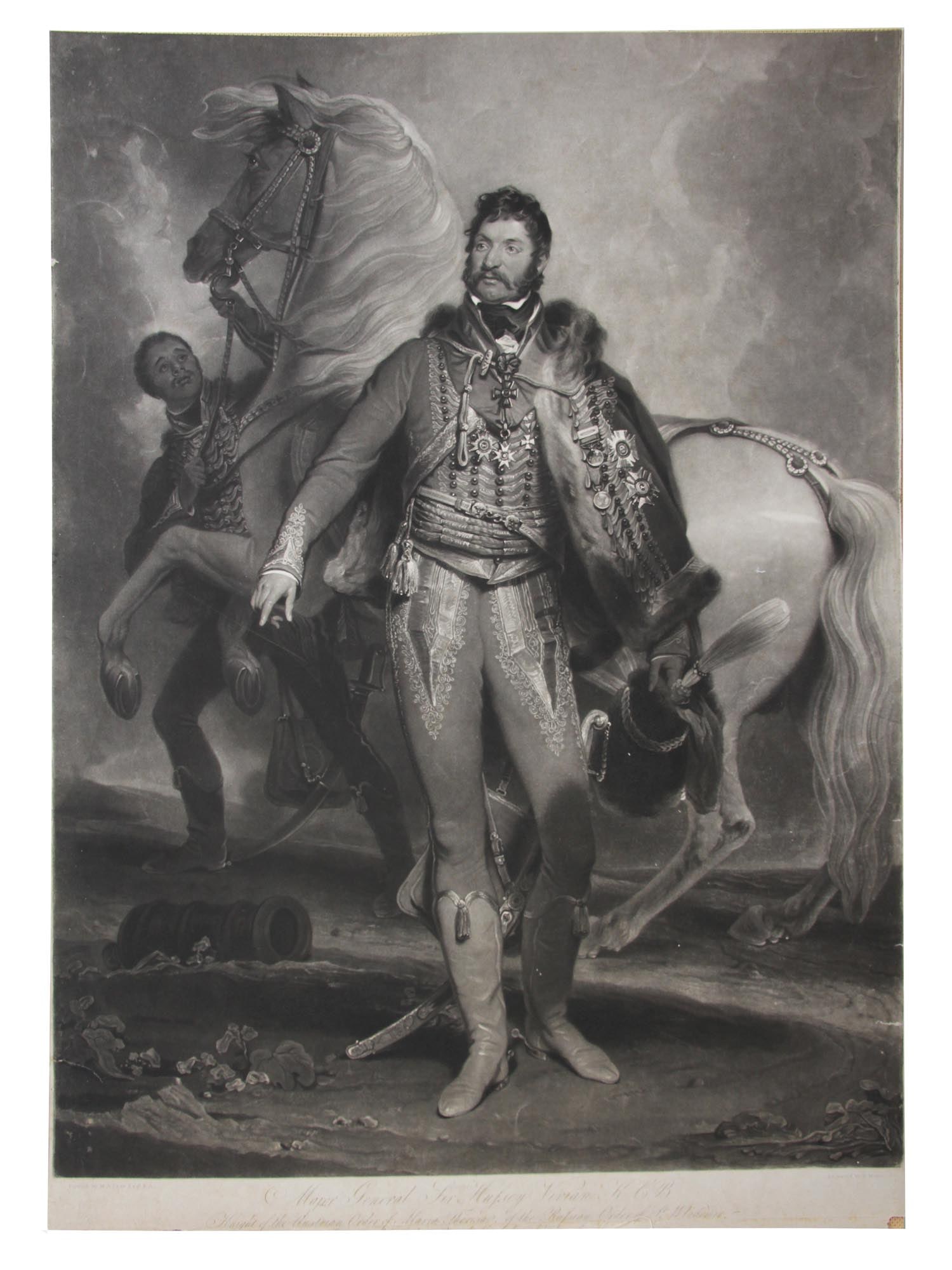 ANTIQUE MARTIN ARCHER SHEE BRITISH ENGRAVING VIVIAN: After Martin Archer Shee (British, 1769–1850) original oil painting on canvas, Major General Sir Richard Hussey Vivian (Later 1st Lord Vivian) (1775–1842), engraving on paper by H. Meyer. Signed i