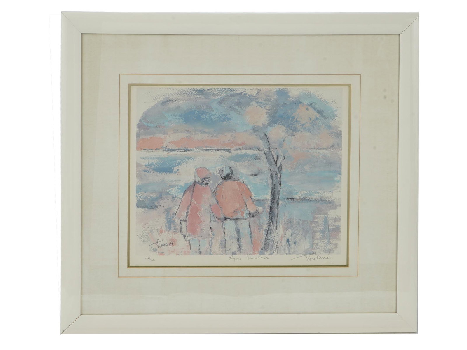 CONTEMPORARY CANADIAN LITHOGRAPH BY RENE LEMAY: Rene Lemay, Canadian, 1934 to 2015, color lithograph on paper depicting a coastal scene with a romantic couple, 1988. Signed and dated 88, in the print, lower left. Signed in pencil, lower right. Titl