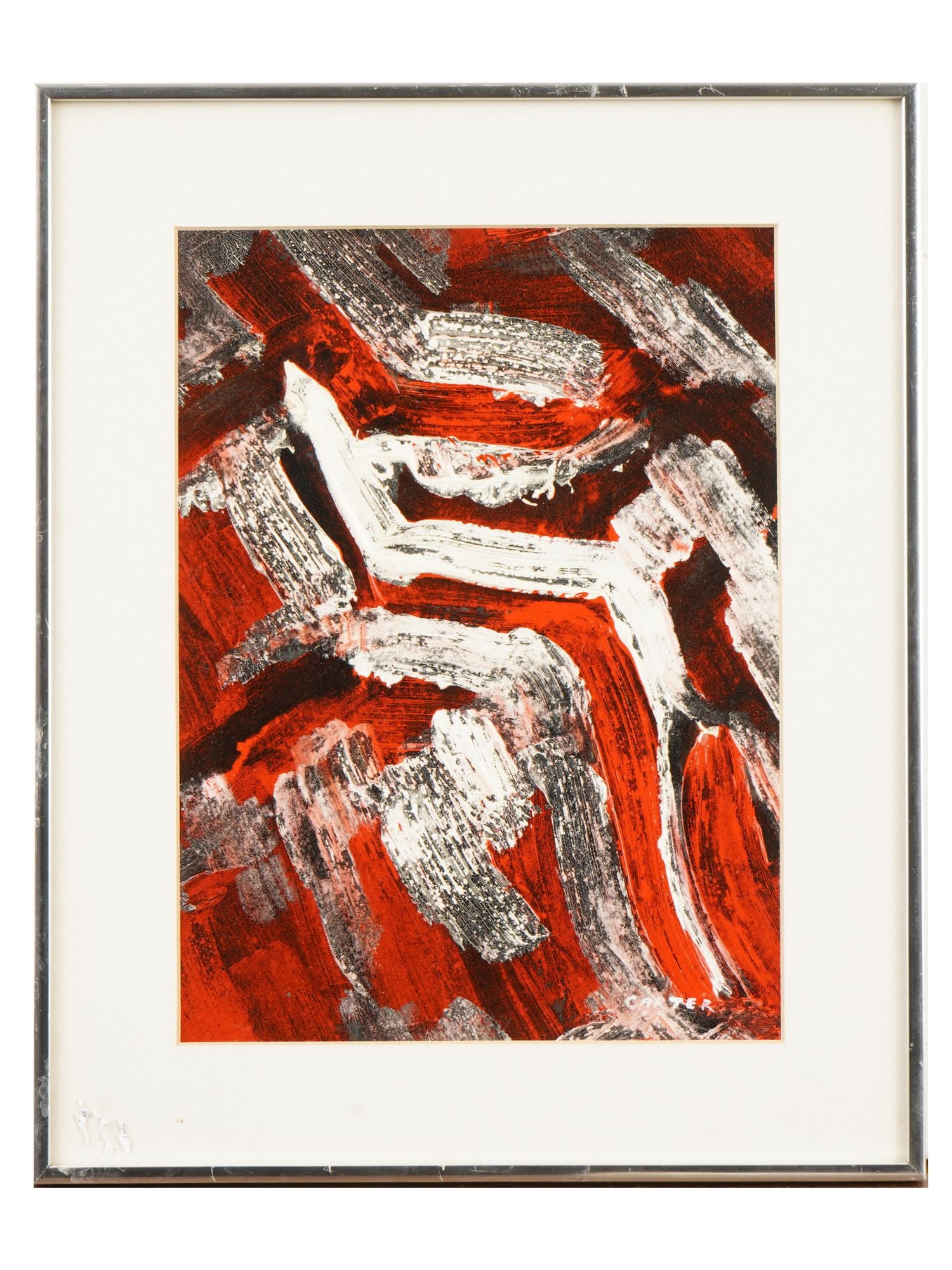 AMERICAN ABSTRACT OIL PAINTING SIGNED BY THE ARTIST: An American oil painting on board depicting an abstract expressionist composition. Signed, Carter, lower right. Framed. John Carter, born 1970, is an American multidisciplinary, conceptual artist and