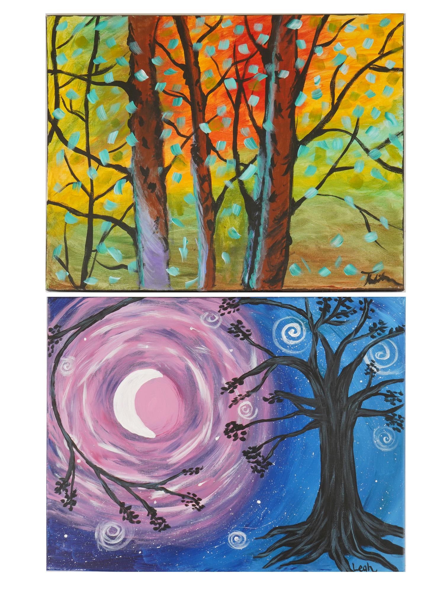 PAIR OF MODERN ACRYLIC PAINTINGS ON CANVAS WITH THREES: A pair of modern acrylic paintings on canvas, showcasing the nature-inspired decorative style. One painting depicts a birch forest rendered in bold yellows, oranges, greens, and touches of bright turq