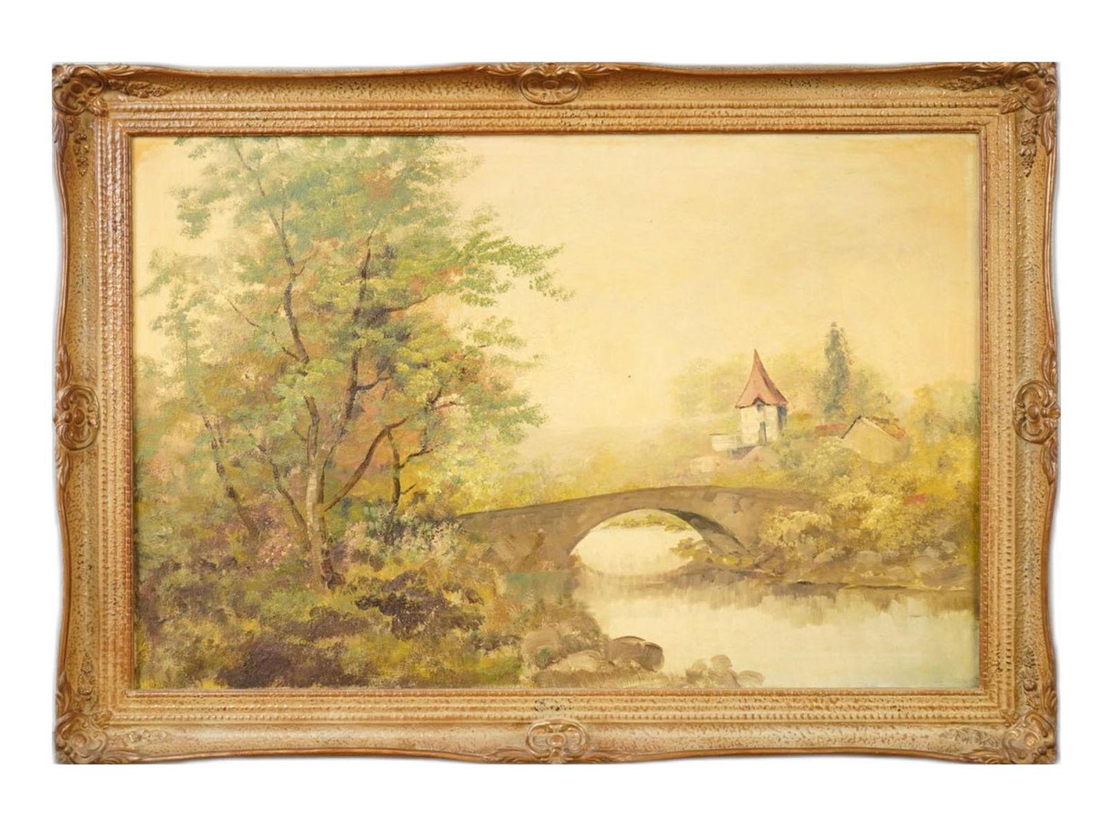 ANTIQUE OIL ON CANVAS LANDSCAPE PAINTING EARLY 20TH C: An antique oil on canvas landscape painting. Circa the early 20th century. The painting depicts a summer landscape with a bridge over a river and European medieval buildings in the distance. Unsigned.